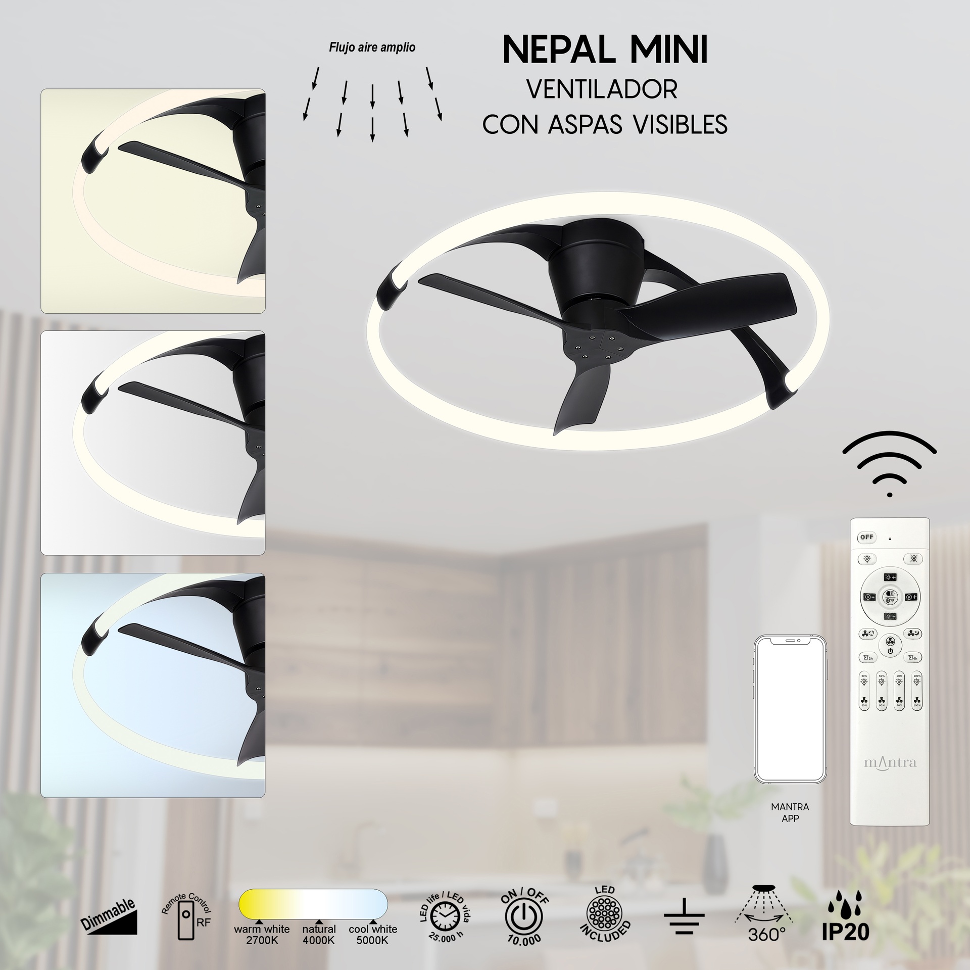 NEPAL MINI * VENTILATORE NERO LED CON TELECOMANDO