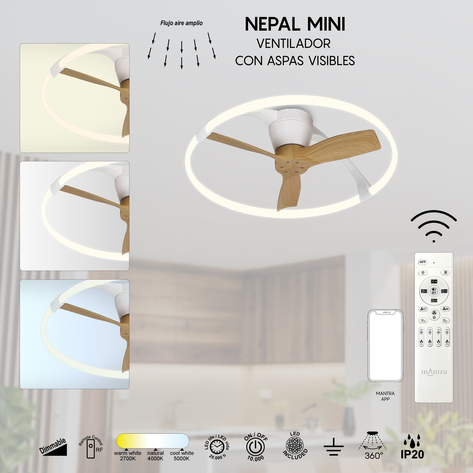 Nepal Mini · Ventilateur de plafond avec éclairage · Blanc / Bois