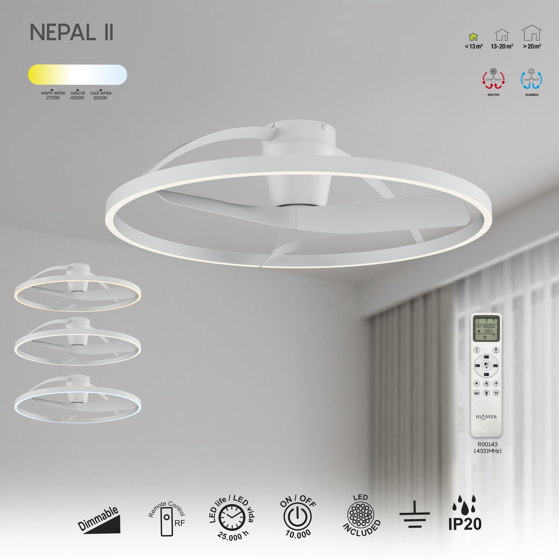 Nepal II · Ventilador de aspas con luz · Blanco