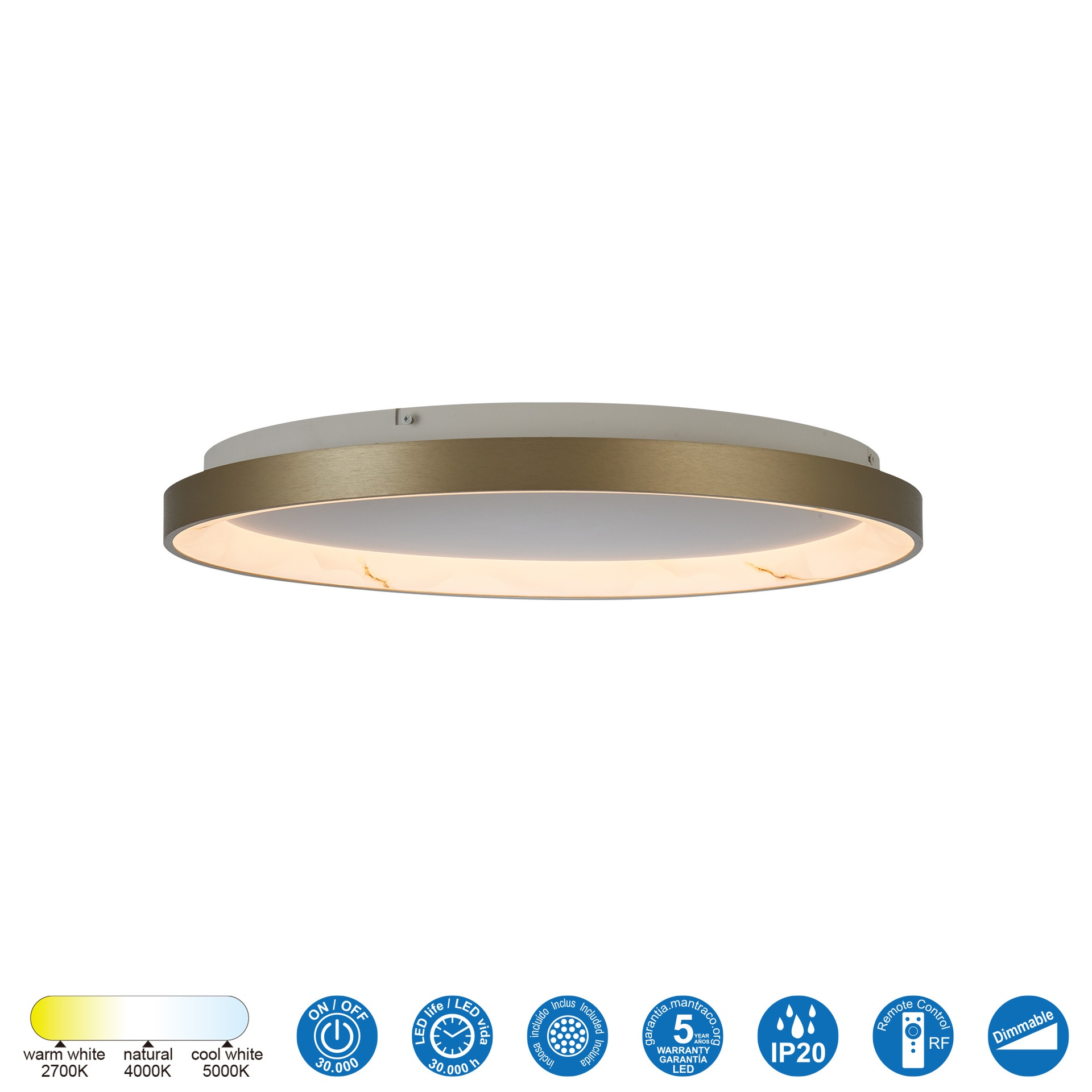 KIRORO * Plafoniera LED 38W Champagne CCT 2700K-5000K ROUND