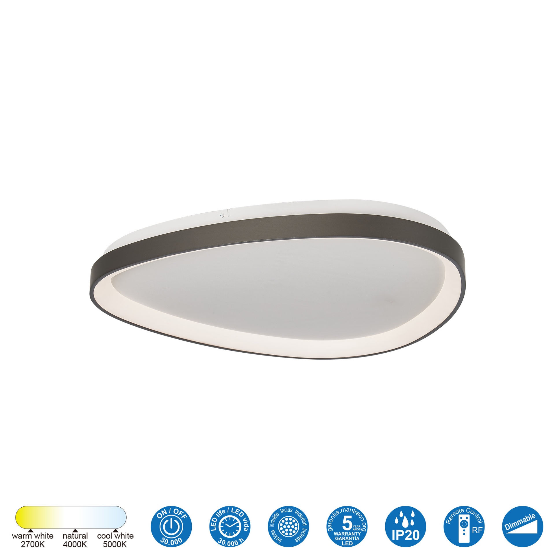 KIRORO * Ceiling Lamp LED 38W Brushed Dark Grey CCT 2700K-5000K TRIANGLE