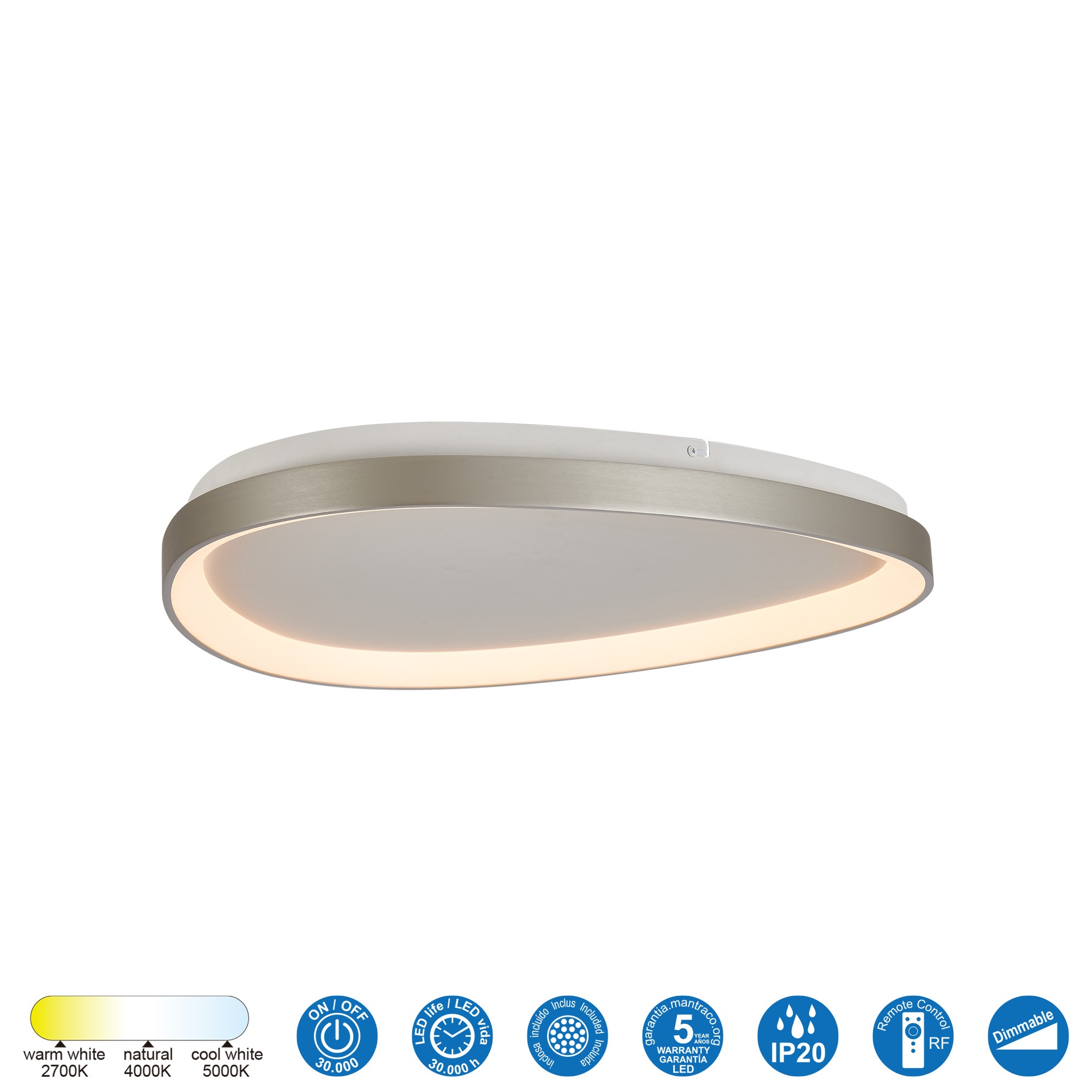 KIRORO * Plafoniera LED 38W Argento CCT 2700K-5000K TRIANGLE