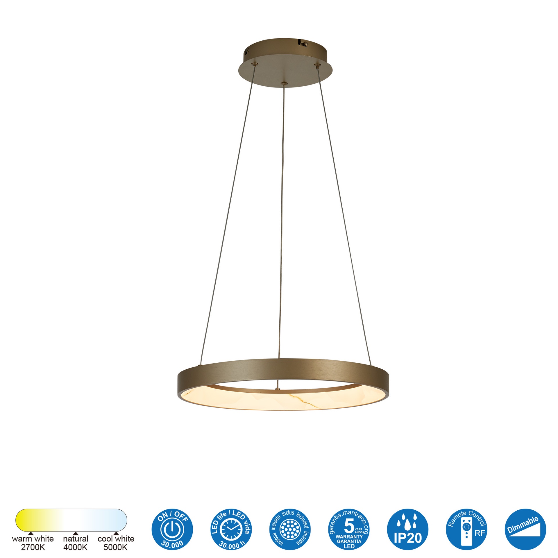 KIRORO * Pendant Lamp LED 28W Champagne CCT 2700K-5000K