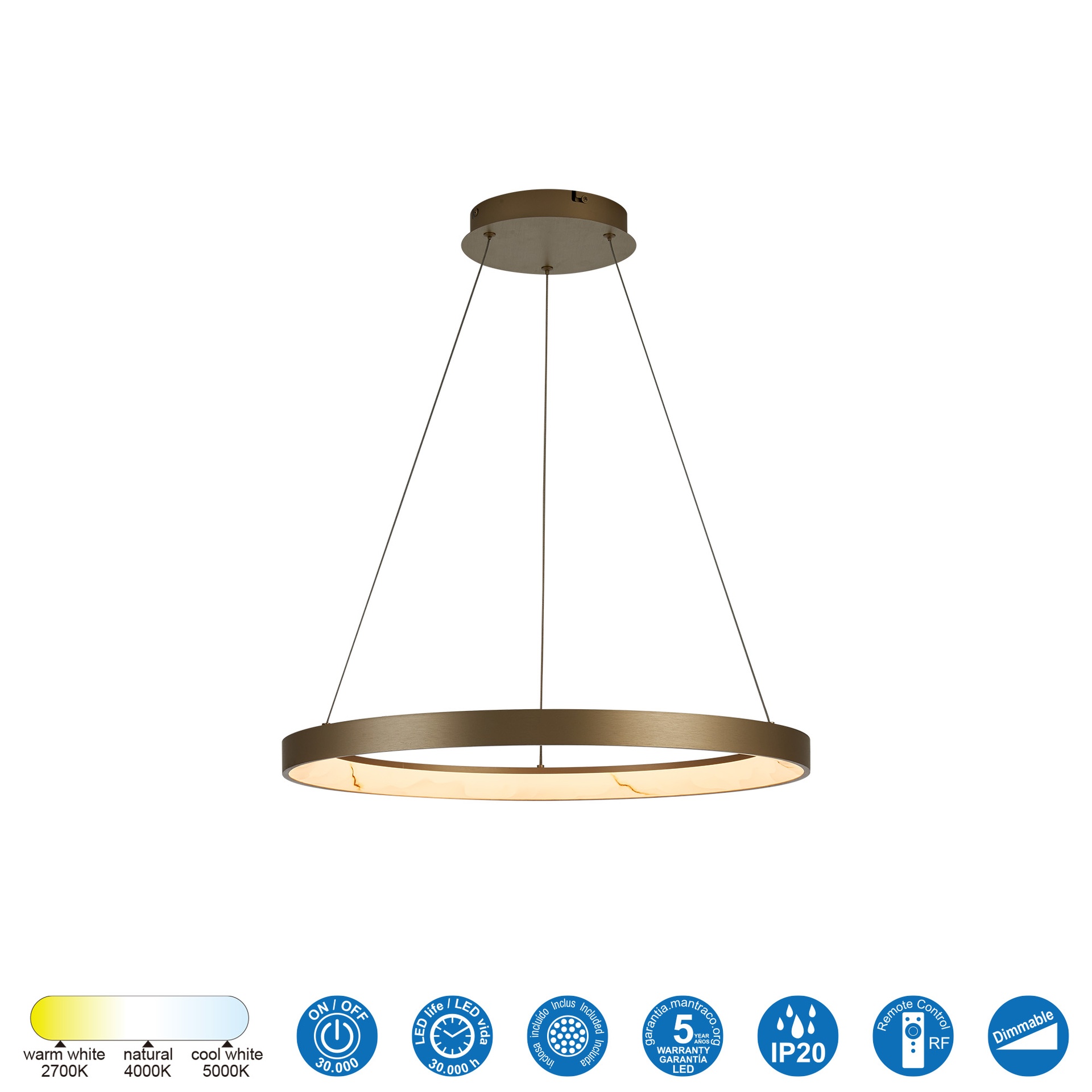 KIRORO * Pendant Lamp LED 38W Champagne CCT 2700K-5000K