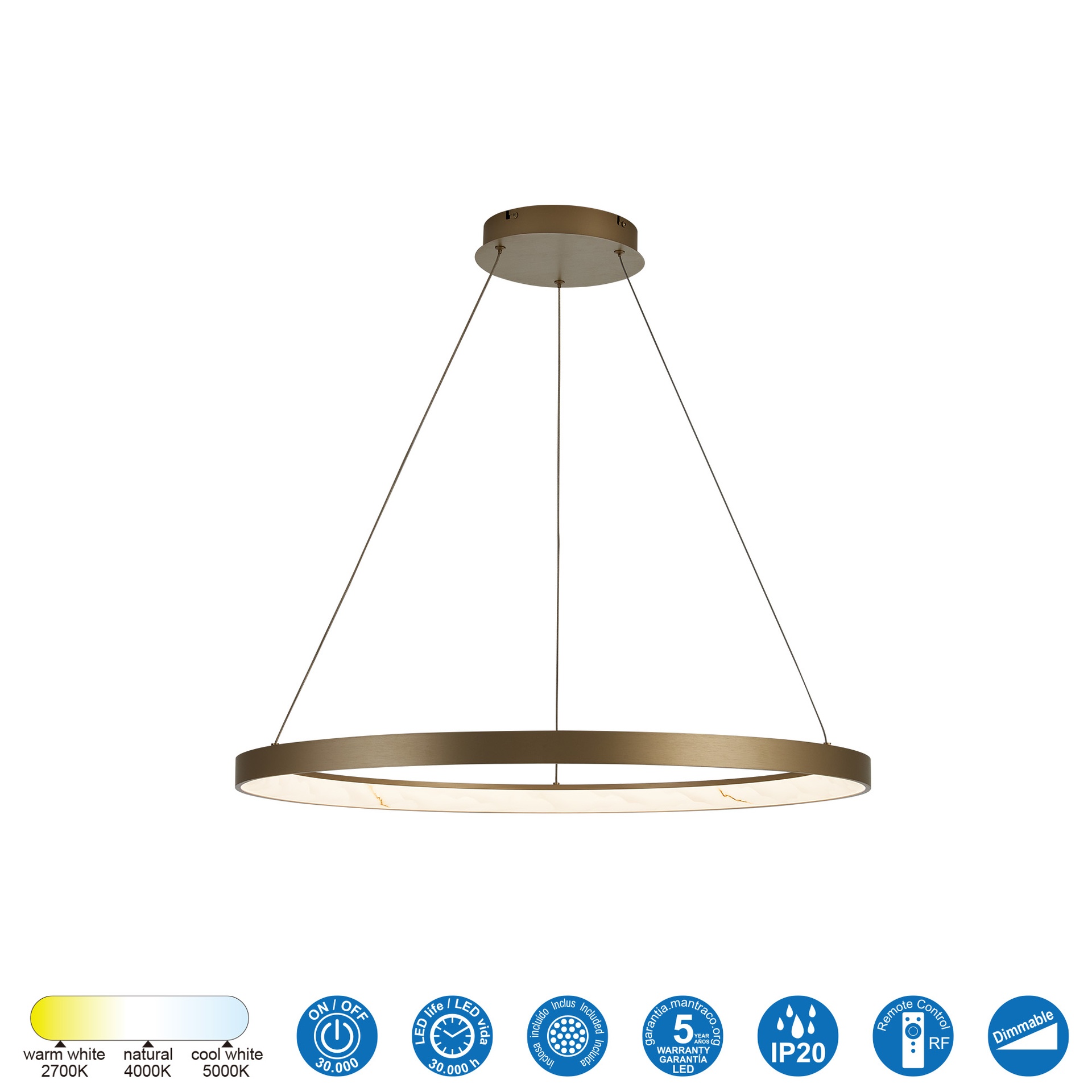 KIRORO * Pendant Lamp LED 58W Champagne CCT 2700K-5000K