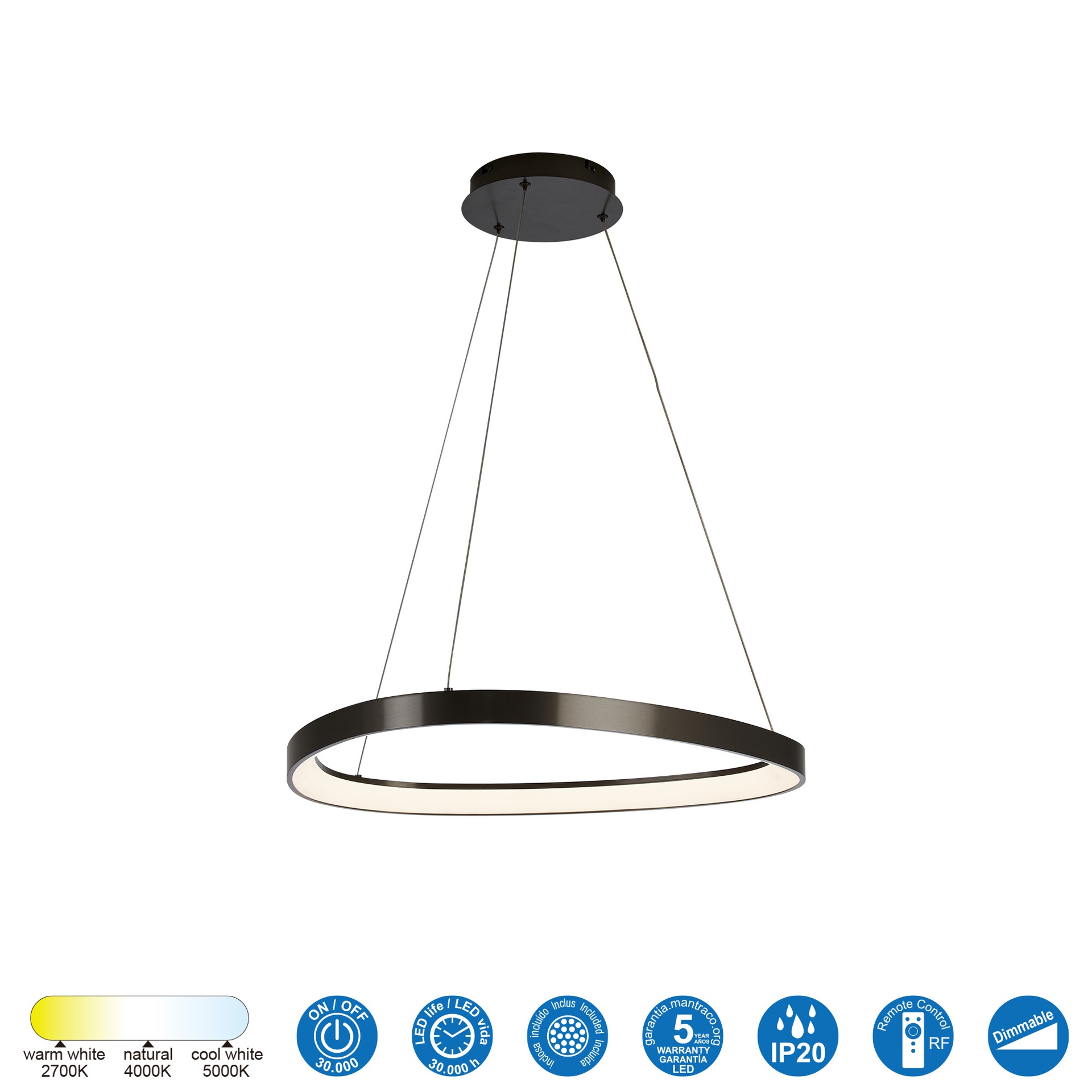 KIRORO * Pendant Lamp LED 38W Brushed Dark Grey CCT 2700K-5000K