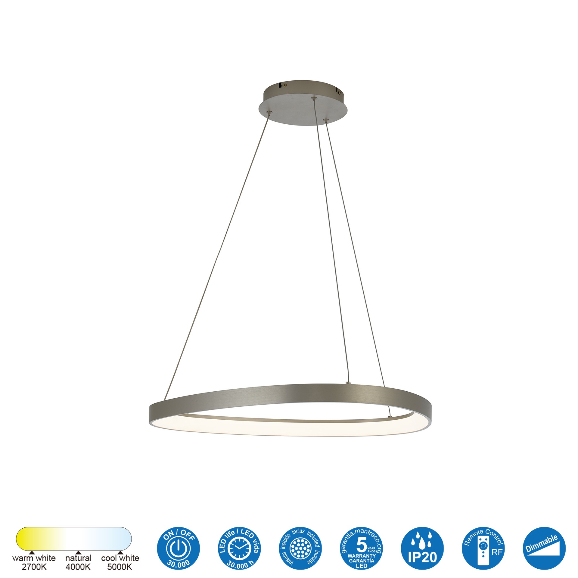 KIRORO * Pendant Lamp LED 38W Sliver CCT 2700K-5000K