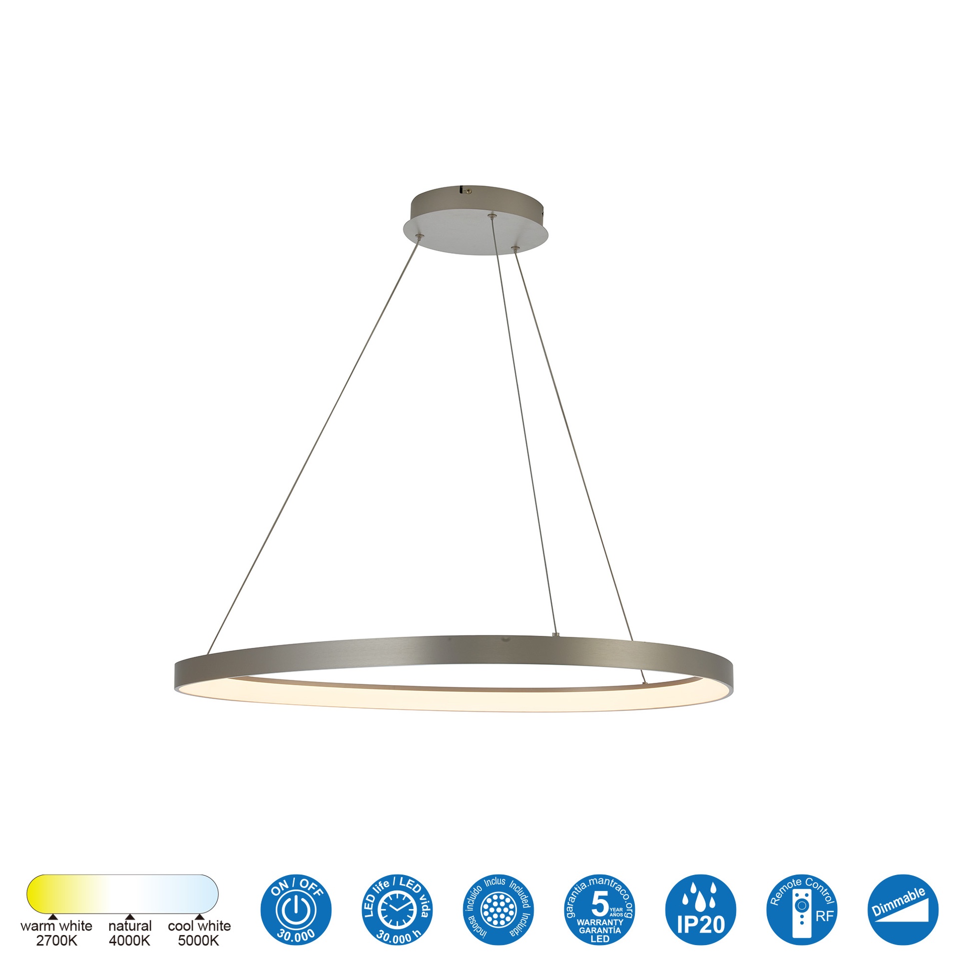 KIRORO * Pendant Lamp LED 58W Sliver CCT 2700K-5000K