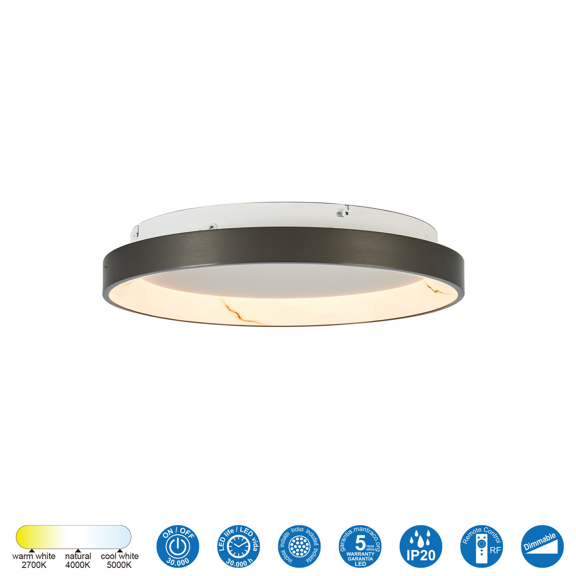 KIRORO * Ceiling Lamp LED 28W Brushed Dark Grey CCT 2700K-5000K ROUND