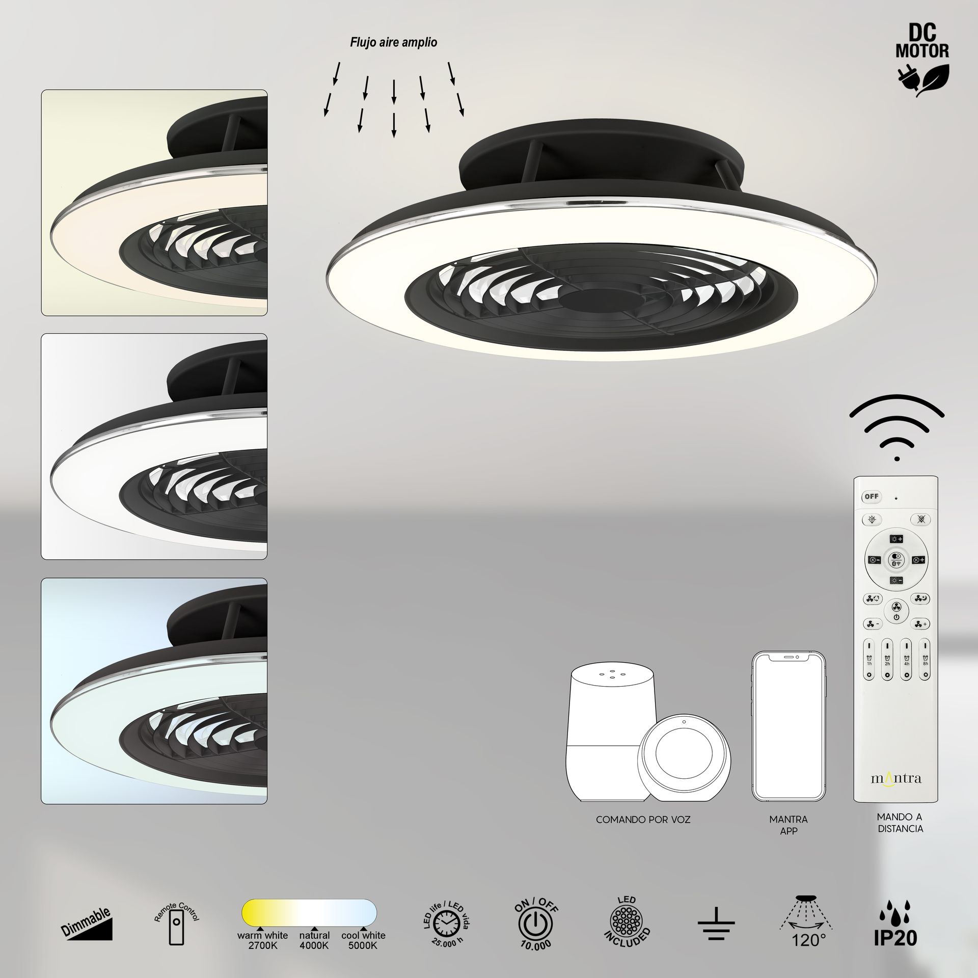 ALISIO XL * VENTILATORE NERO LED CON TELECOMANDO