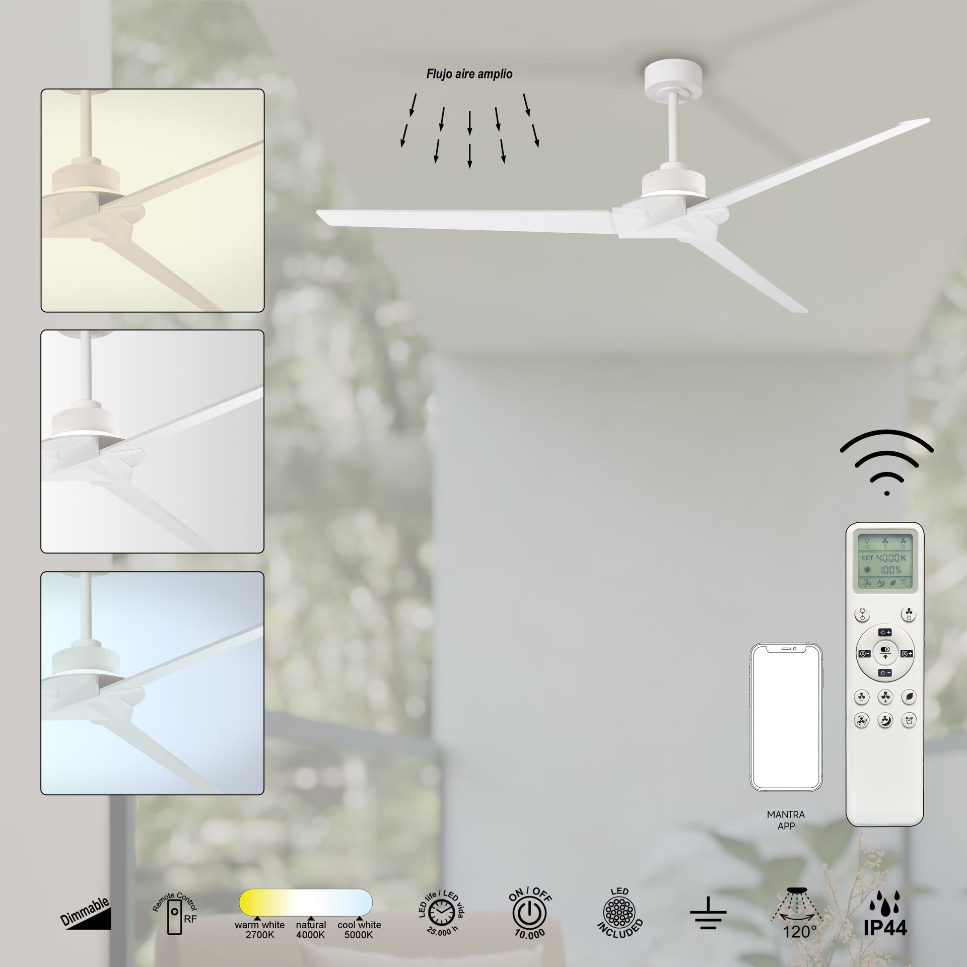 BRISA * VENTILATORE IP44 BIANCO LED 20W-2700K-5000K