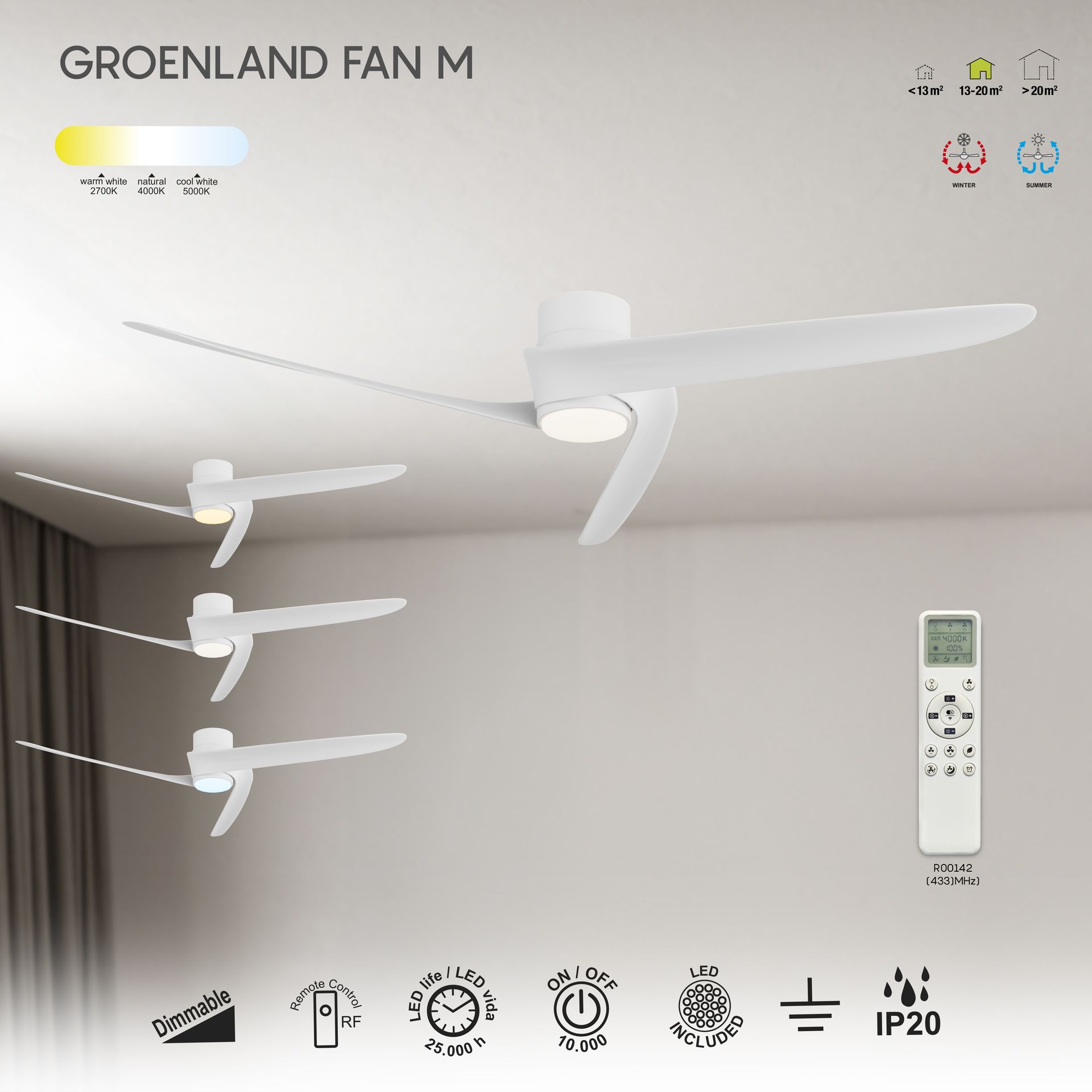 GROENLAND M* LED FAN CEILING WHITE 20W-2700K-5000K *****F*****