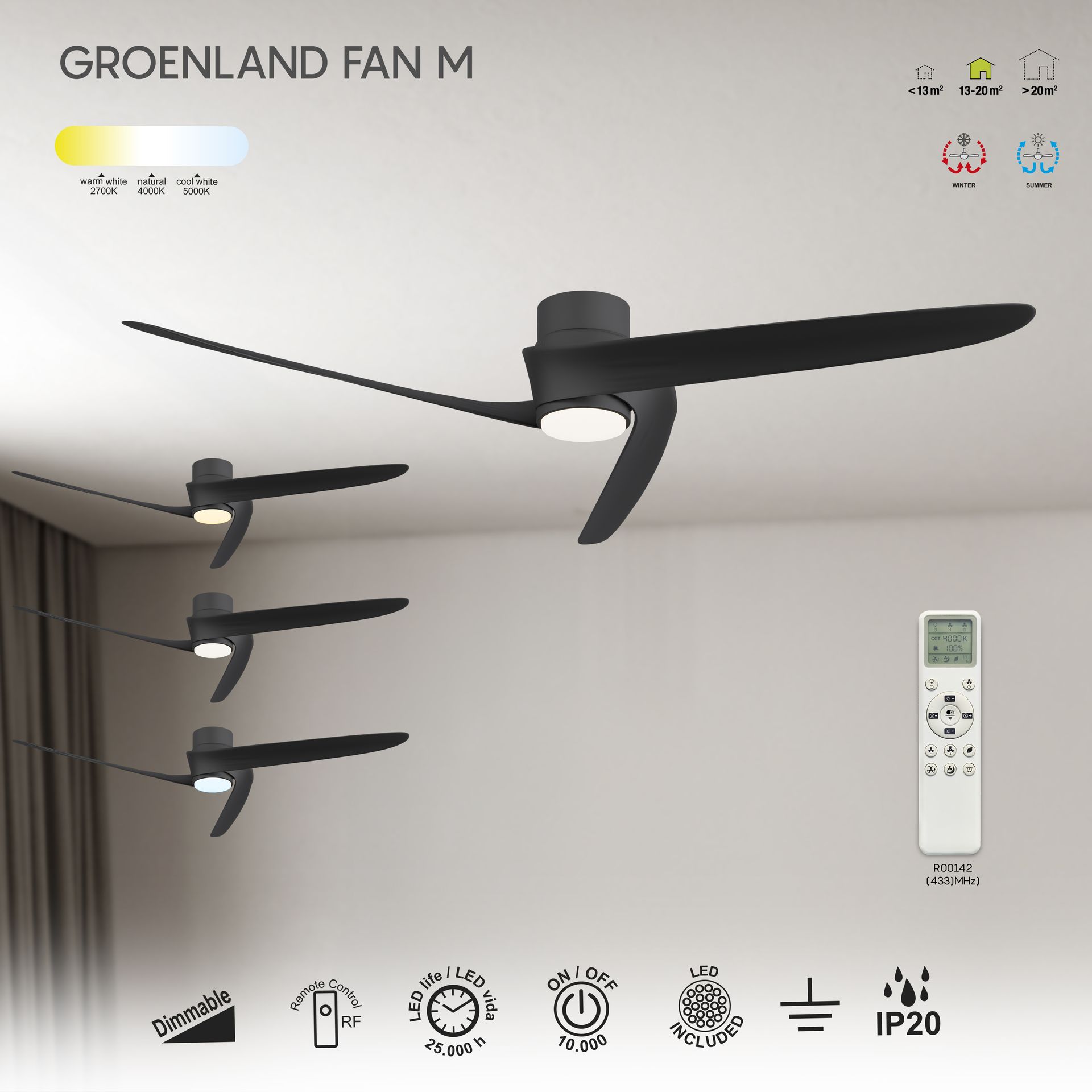 GROENLAND M* VENTILATORE LED 20W-2700K-5000K  ****L****