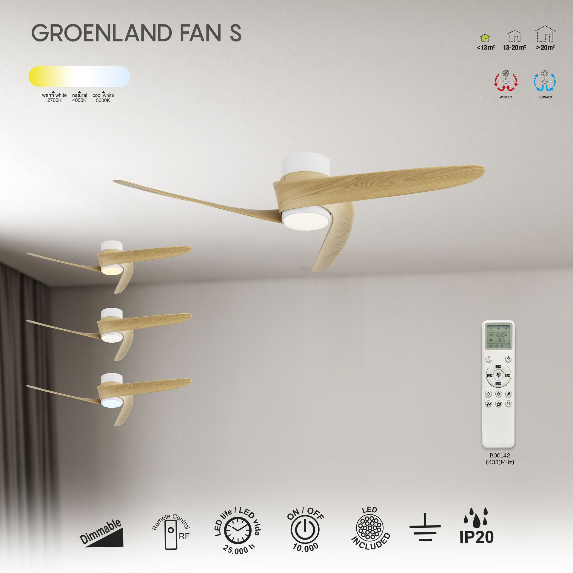 Groenland S · Ventilador de aspas con luz · Blanco / Madera