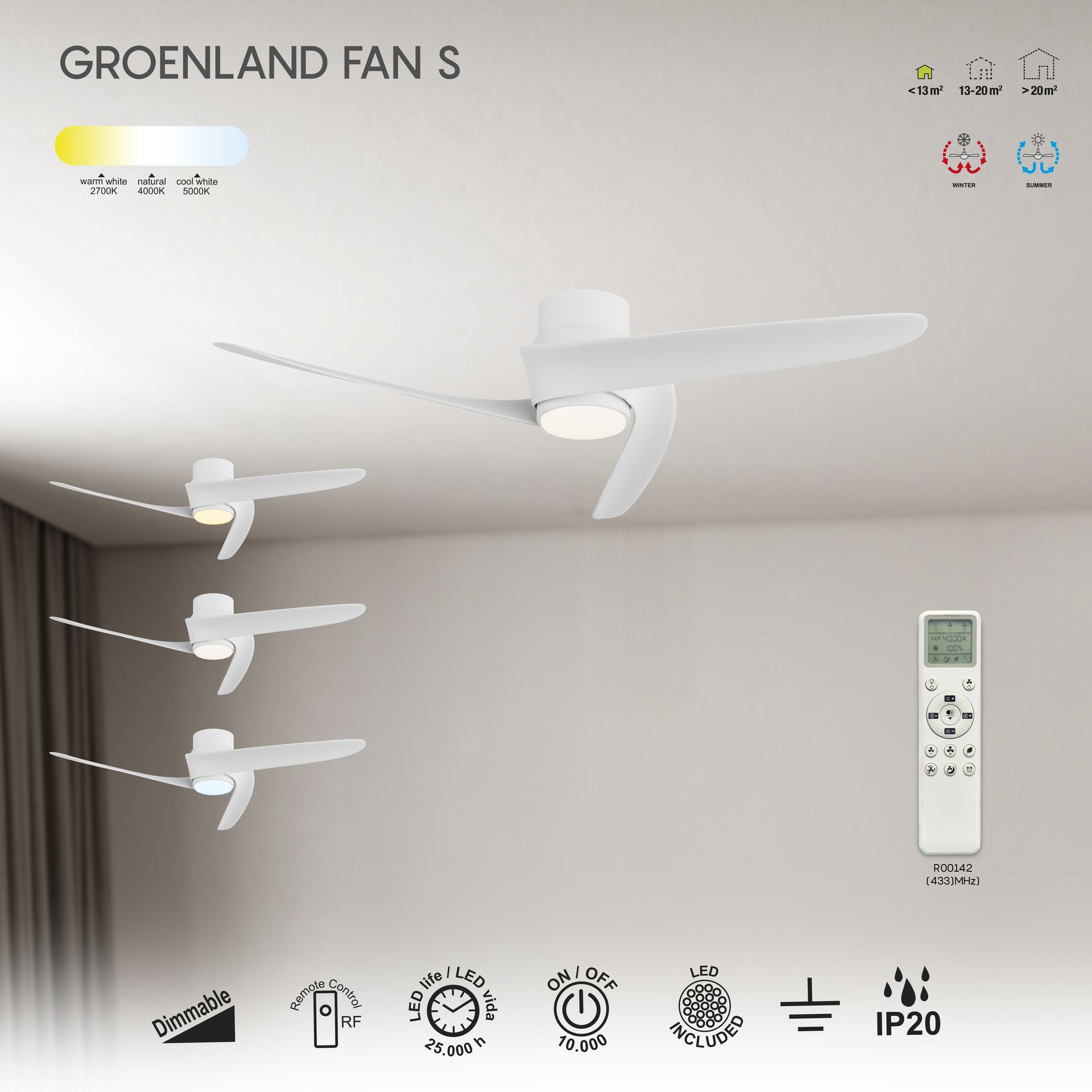 Groenland S · Ventilador de aspas con luz · Blanco