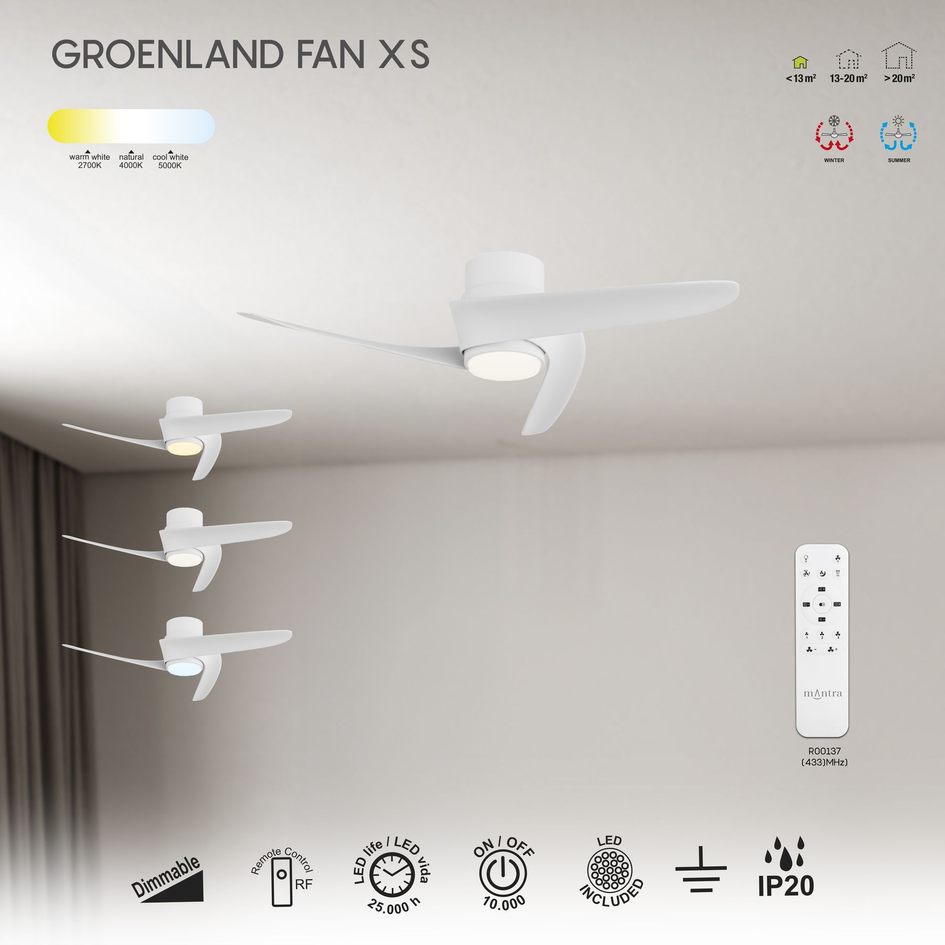 Groenland XS · Ventilador de aspas con luz · Blanco