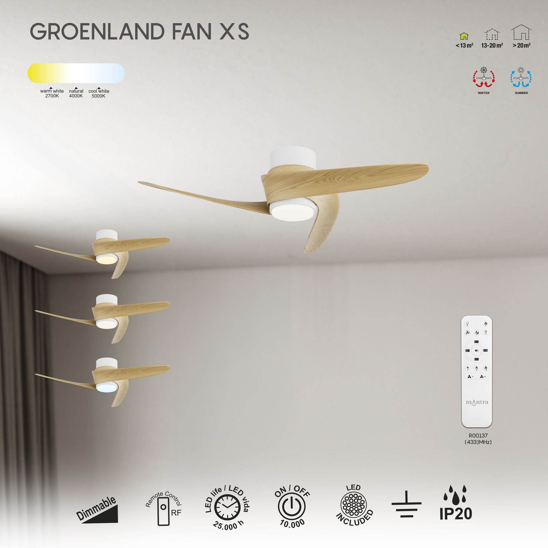 Groenland XS · Ventilador de aspas con luz · Madera