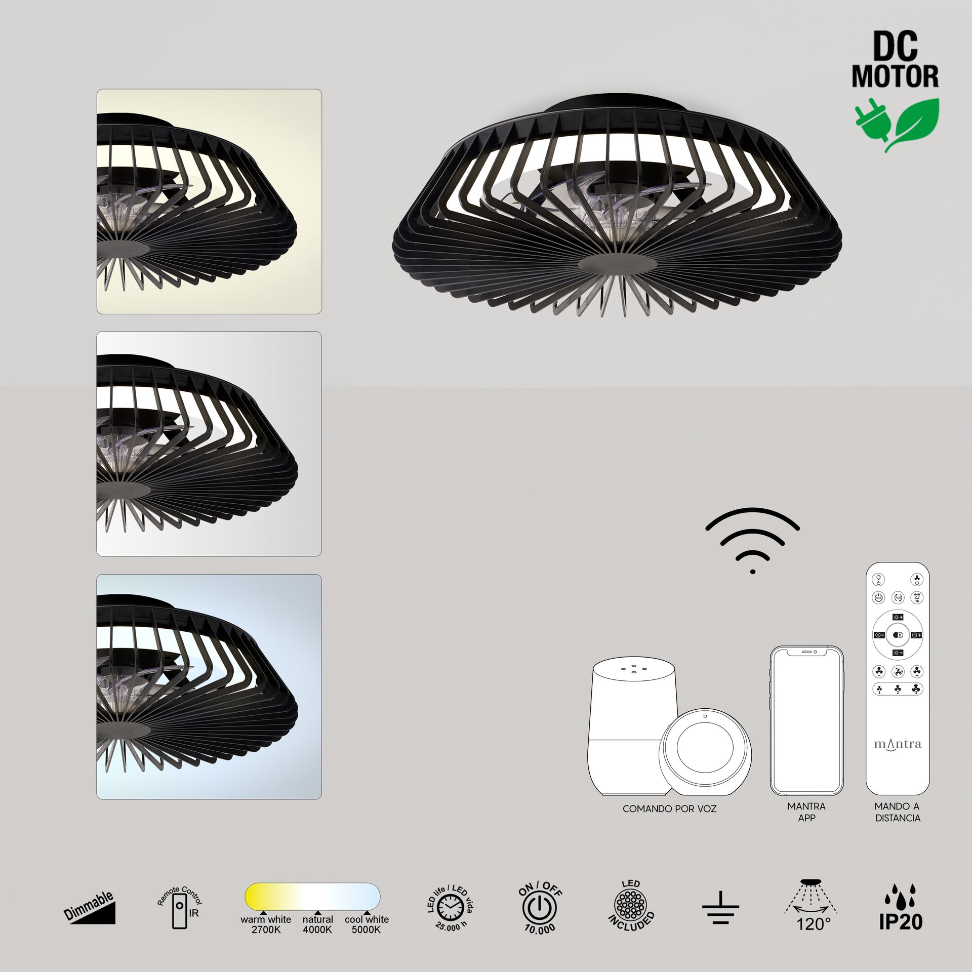 HIMALAYA * VENTILATORE NERO 35W PLAFONIERA LED 70W CON TELECOMANDO Y APP