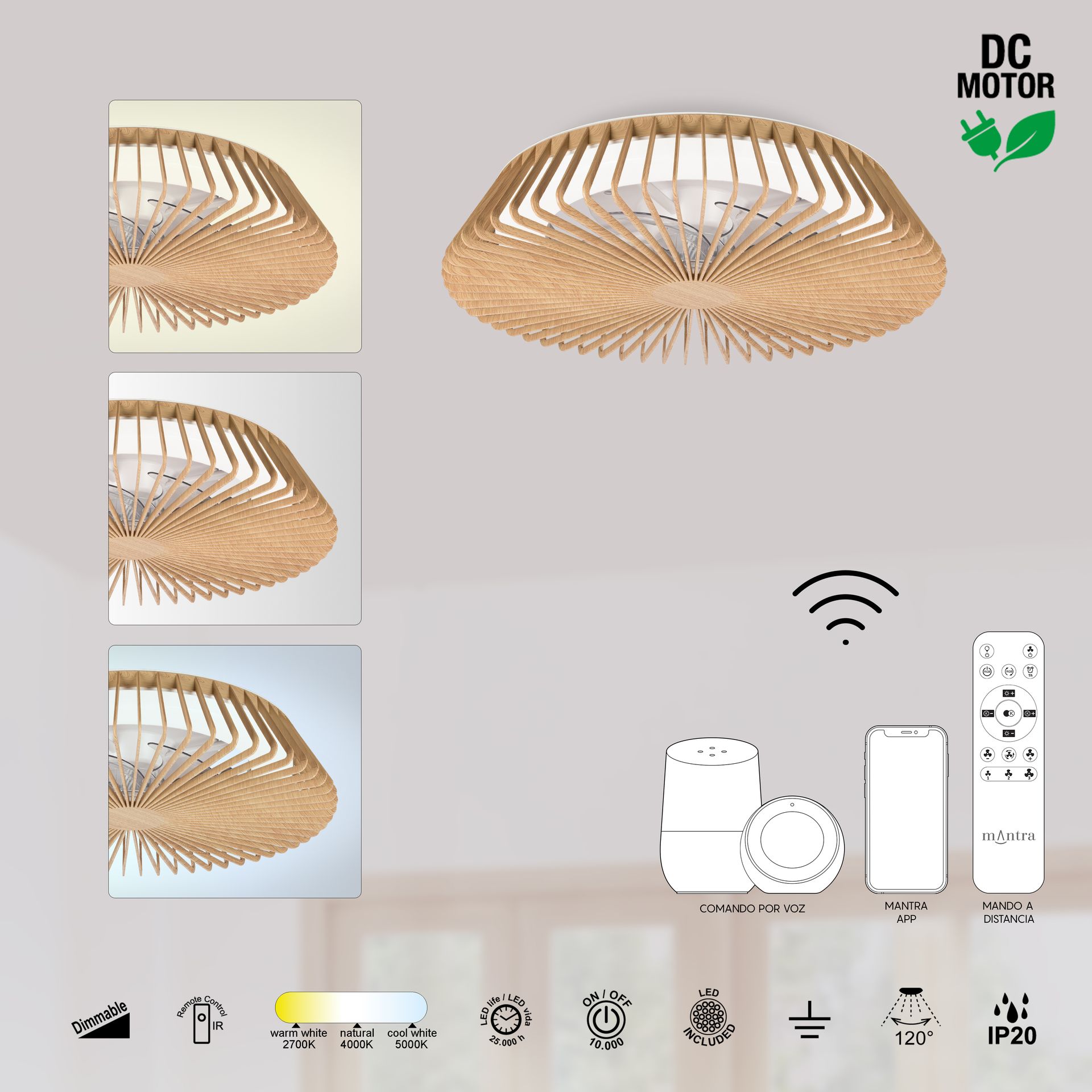 Himalaya · Plafón-ventilador de aspas ocultas con luz · Madera