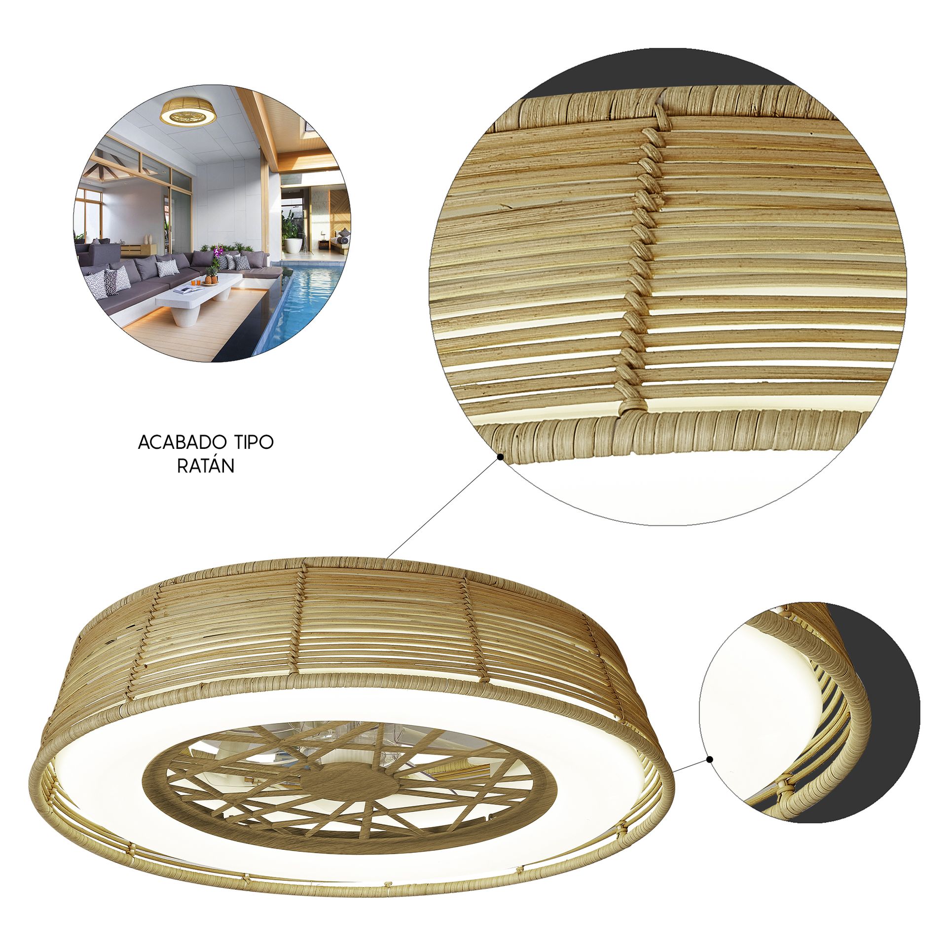 Indonesia Mini · Plafón-ventilador de aspas ocultas con luz · Roja