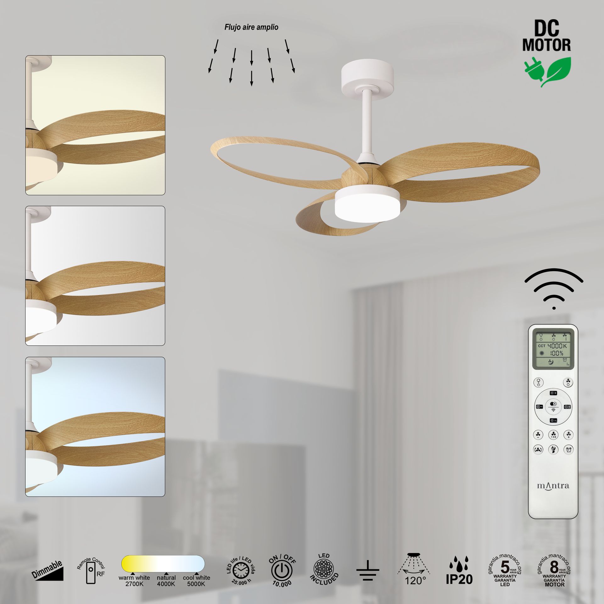 Infinity fan · Ventilador de aspas con luz · Blanco / Madera