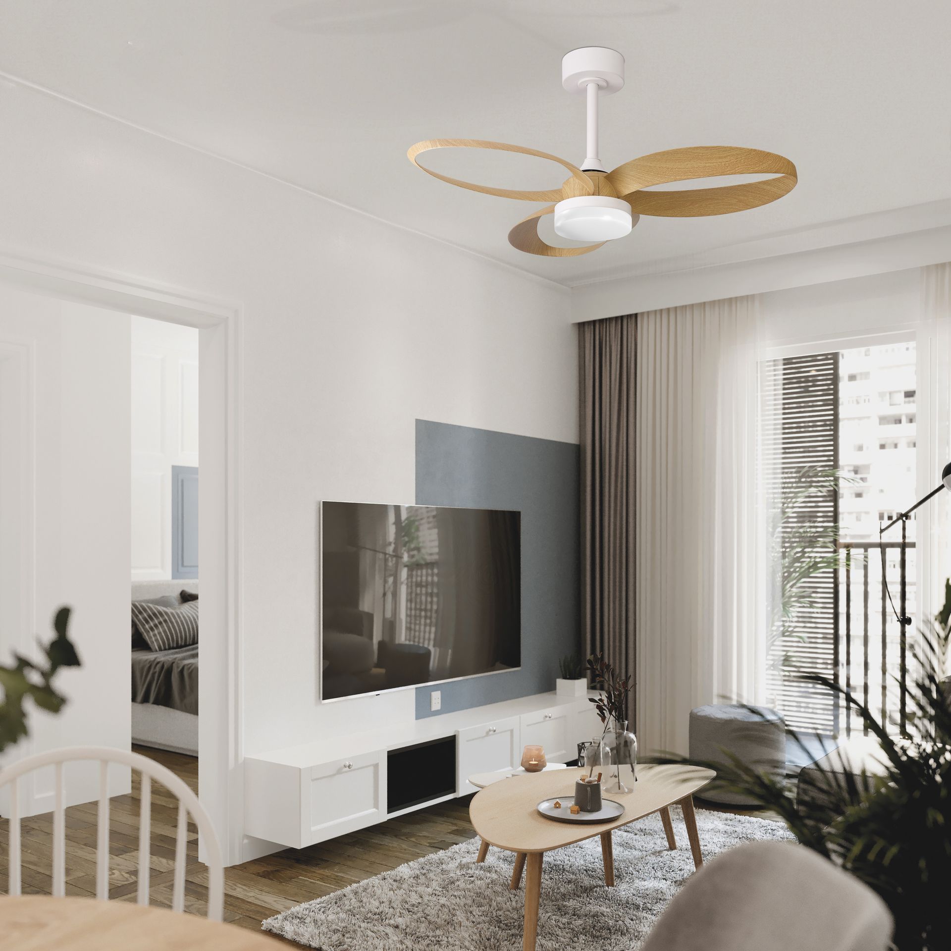 Infinity fan · Ventilador de aspas con luz · Blanco / Madera