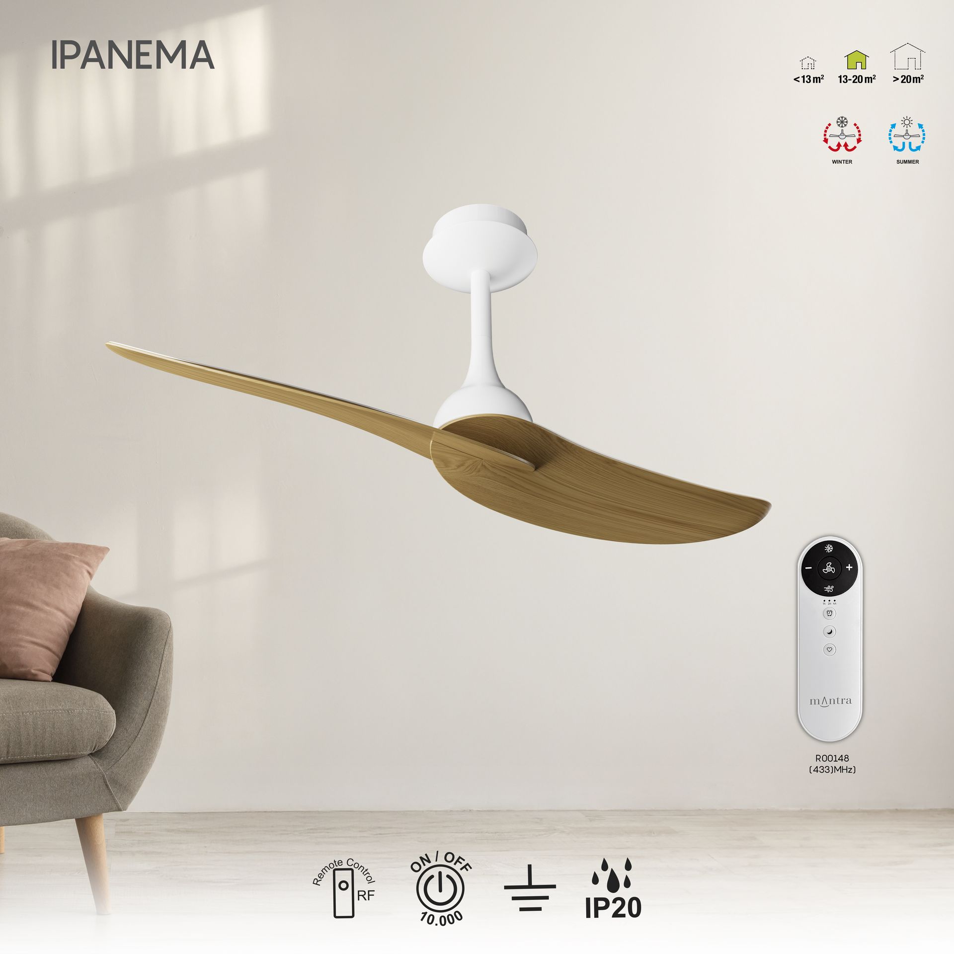 Ipanema · Ventilador de aspas sin luz · Blanco / Madera