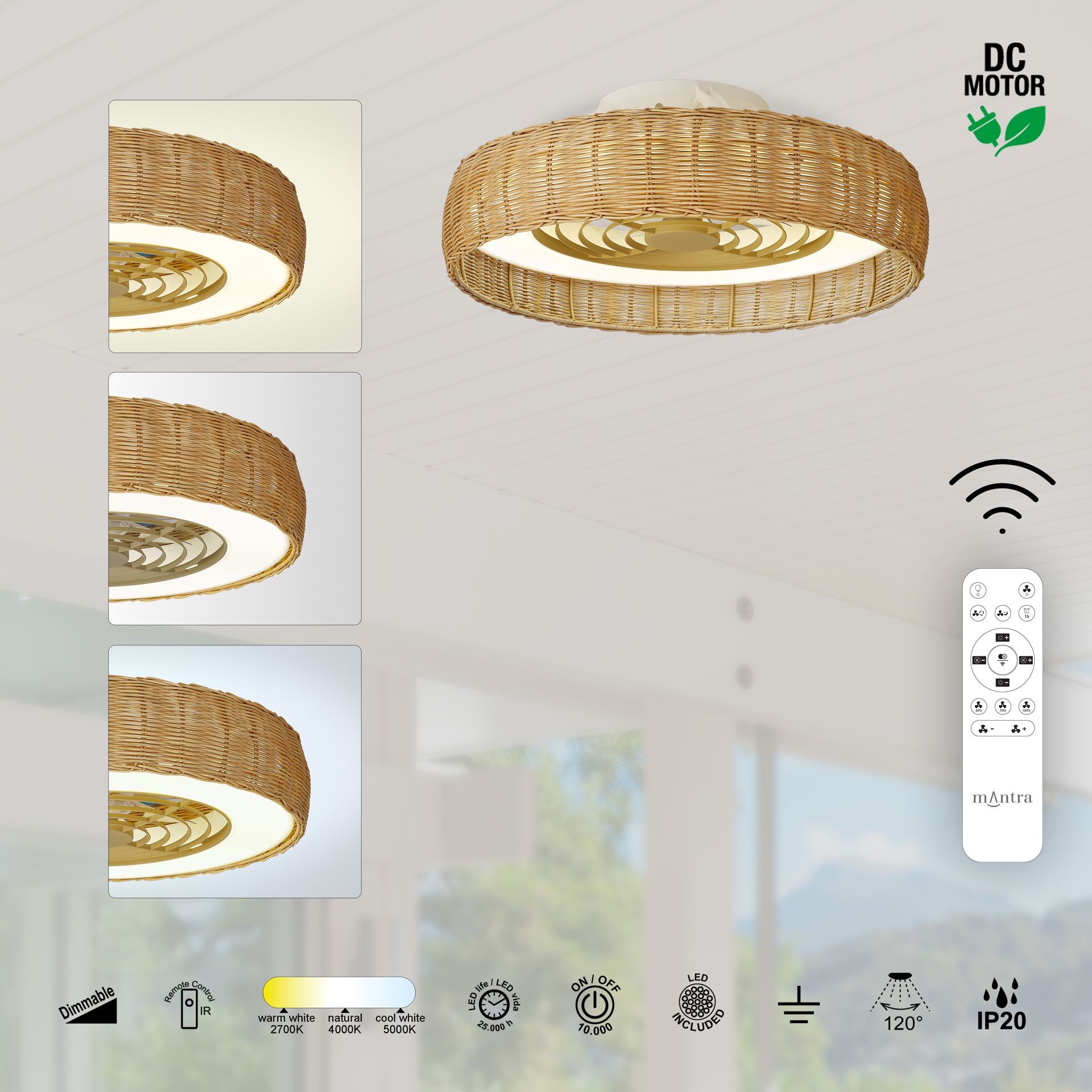 KILIMANJARO * FAN LED CEILING IP44 RATAN WITH REMOTE CONTROL