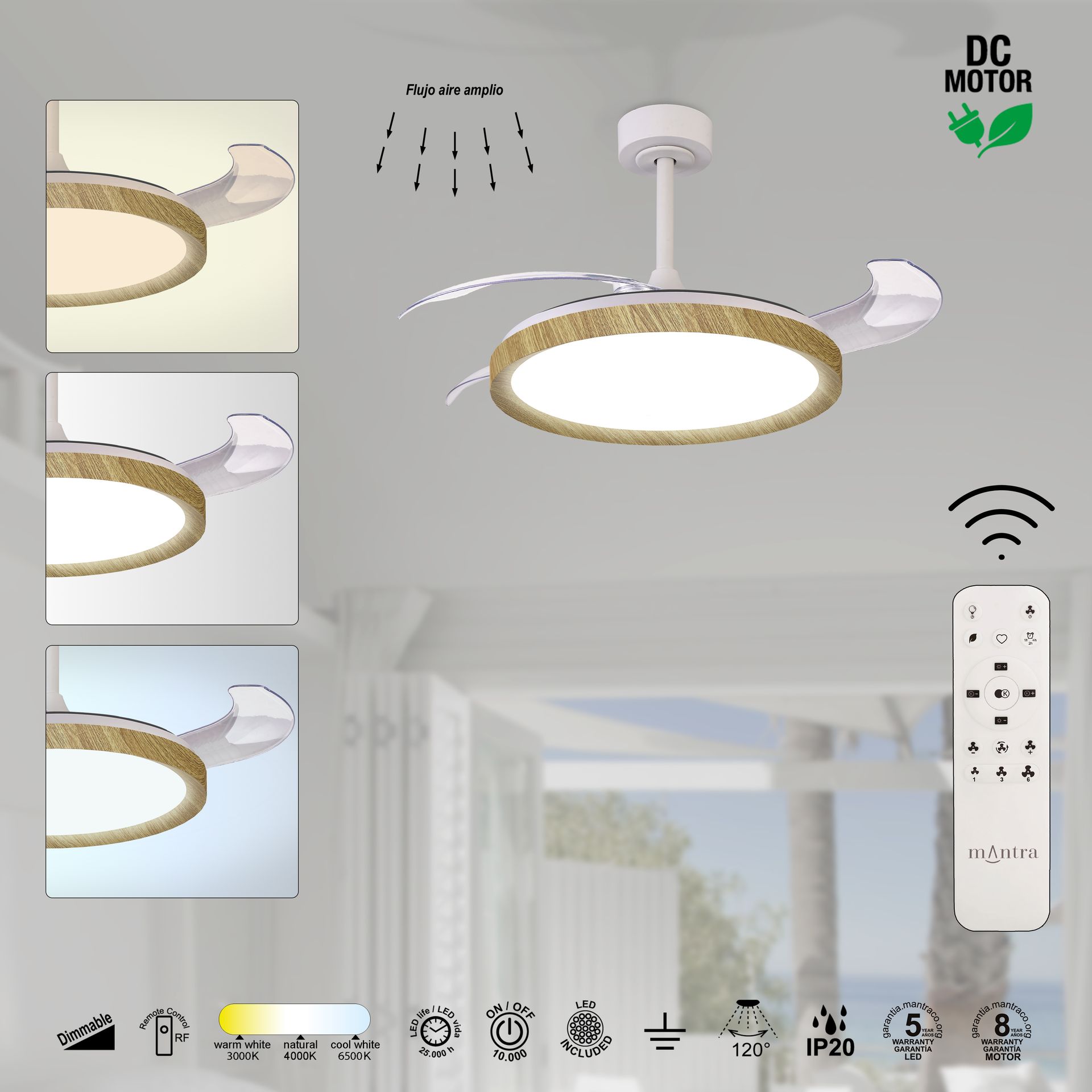 Mistral · Ventilatore da soffitto con pale retrattili e luce · Bianco / Legno