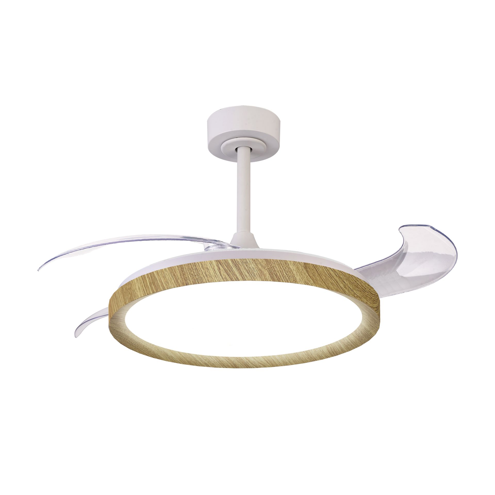 Mistral · Ventilatore da soffitto con pale retrattili e luce · Bianco / Legno