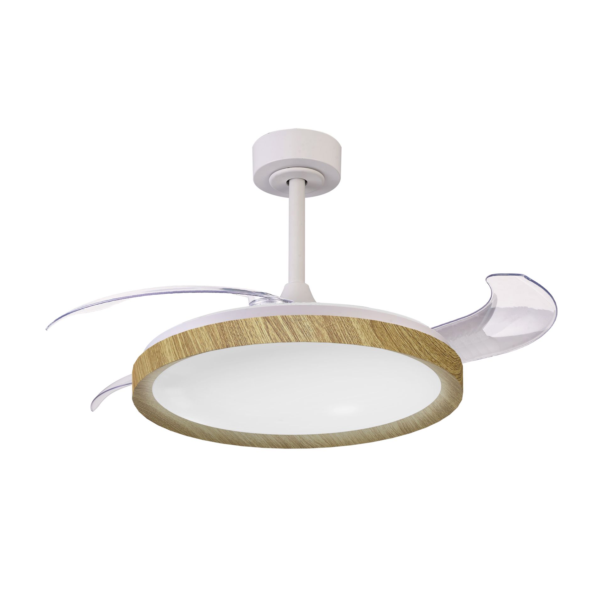 Mistral · Ventilatore da soffitto con pale retrattili e luce · Bianco / Legno