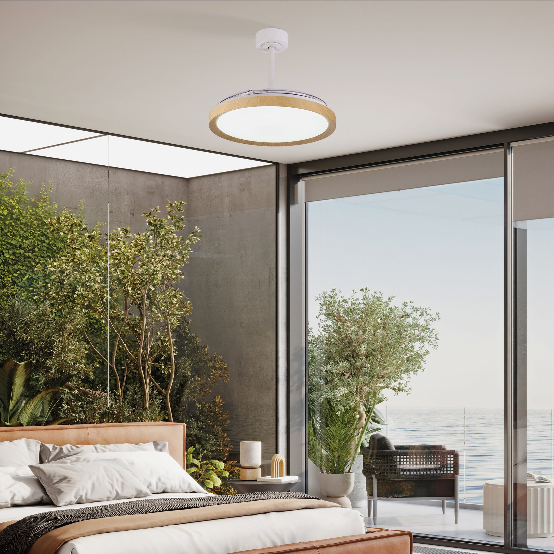 Mistral · Ventilatore da soffitto con pale retrattili e luce · Bianco / Legno