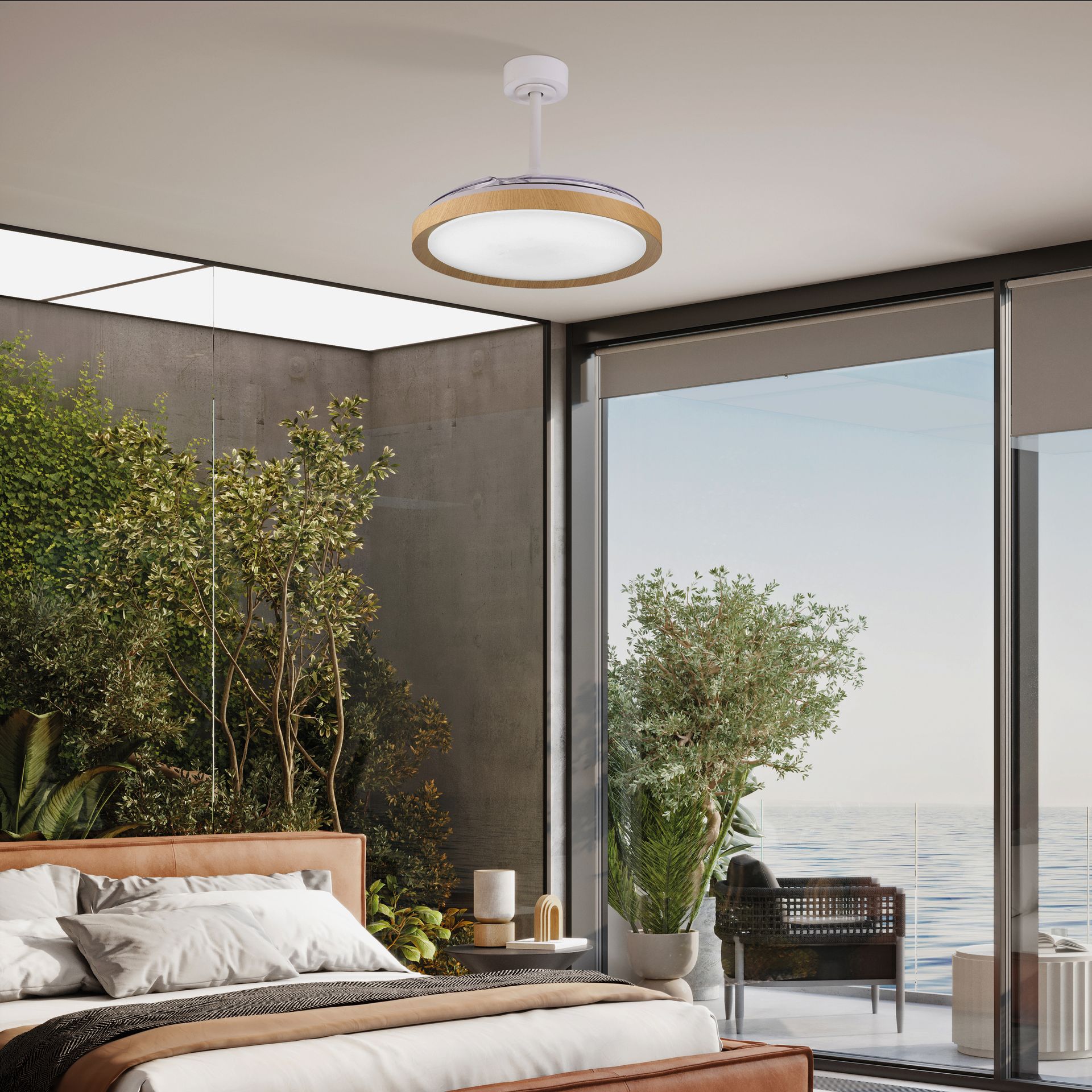 Mistral · Ventilatore da soffitto con pale retrattili e luce · Bianco / Legno