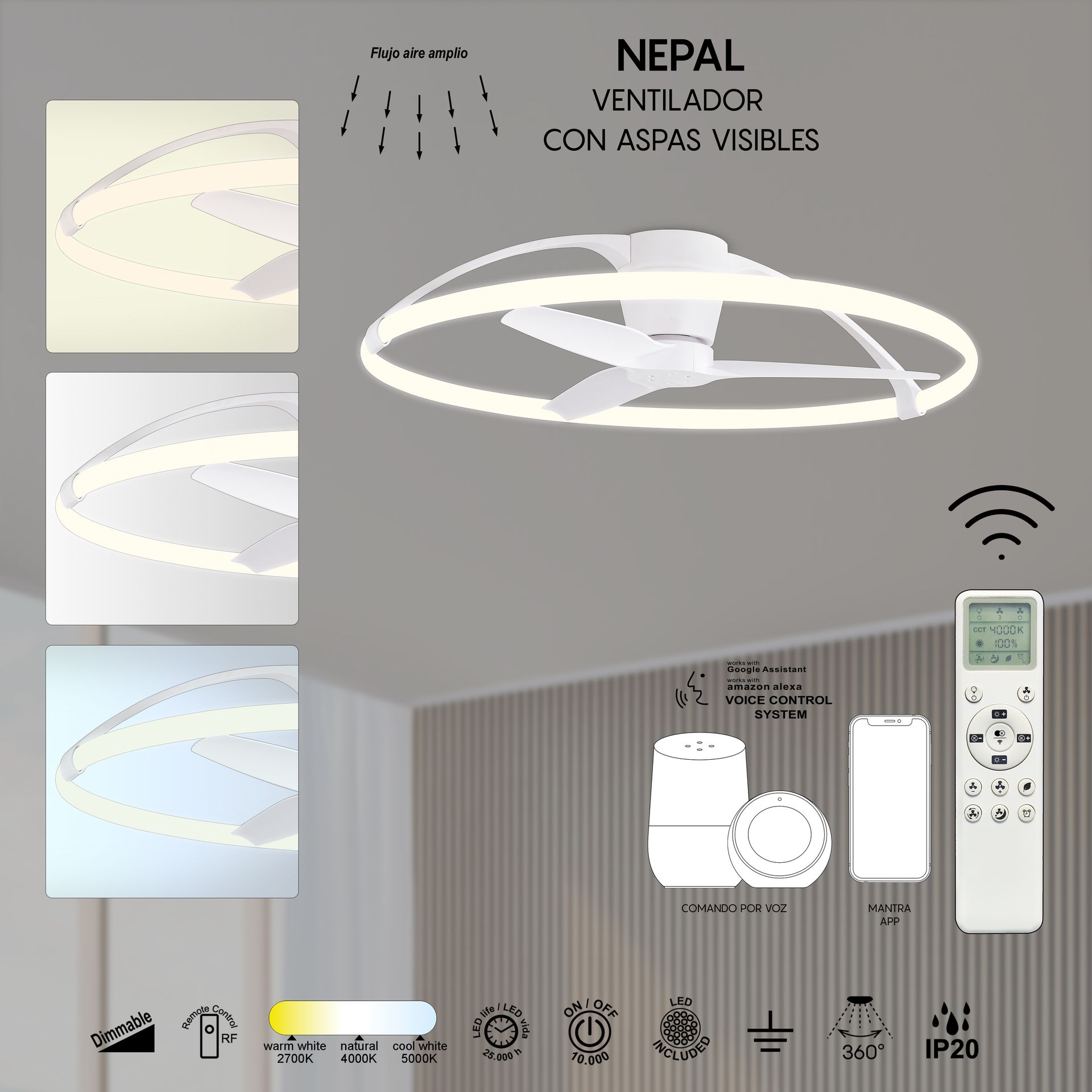 Nepal · Ventilador de aspas con luz · Blanco