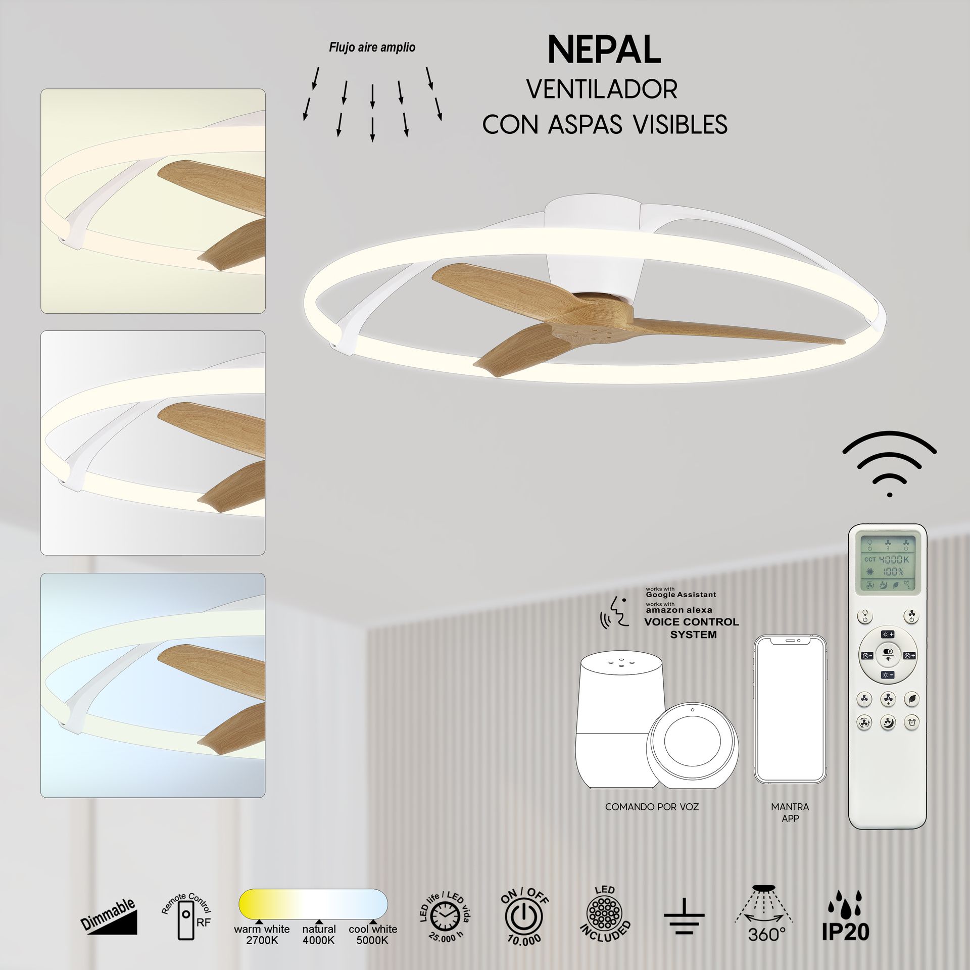Nepal · Ventilador de aspas con luz · Blanco / Madera