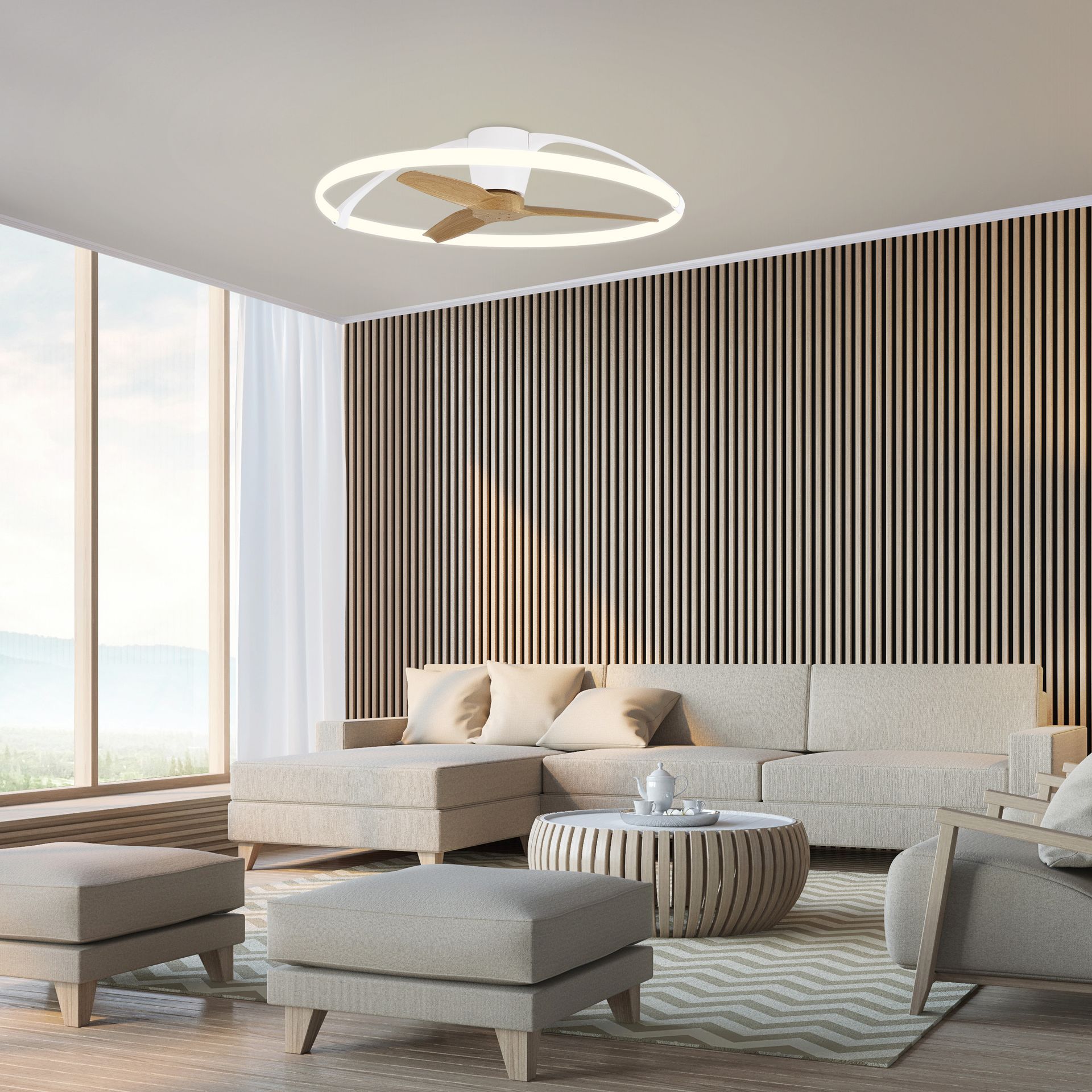 Nepal · Ventilador de aspas con luz · Blanco / Madera