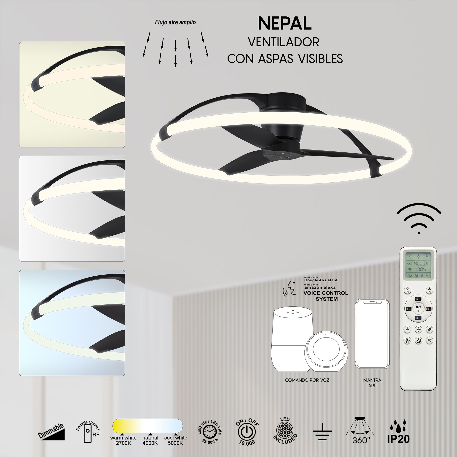 Nepal · Ventilador de aspas con luz · Black