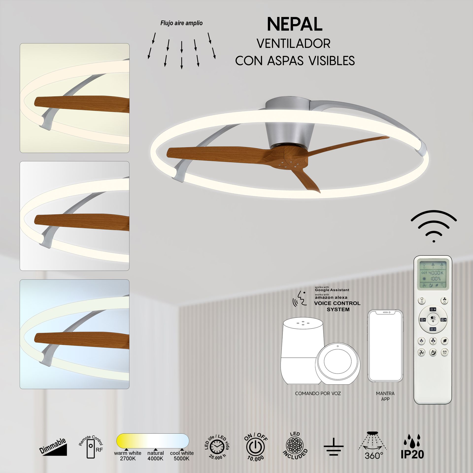 Nepal · Ventilador de aspas con luz · Plata / Nogal
