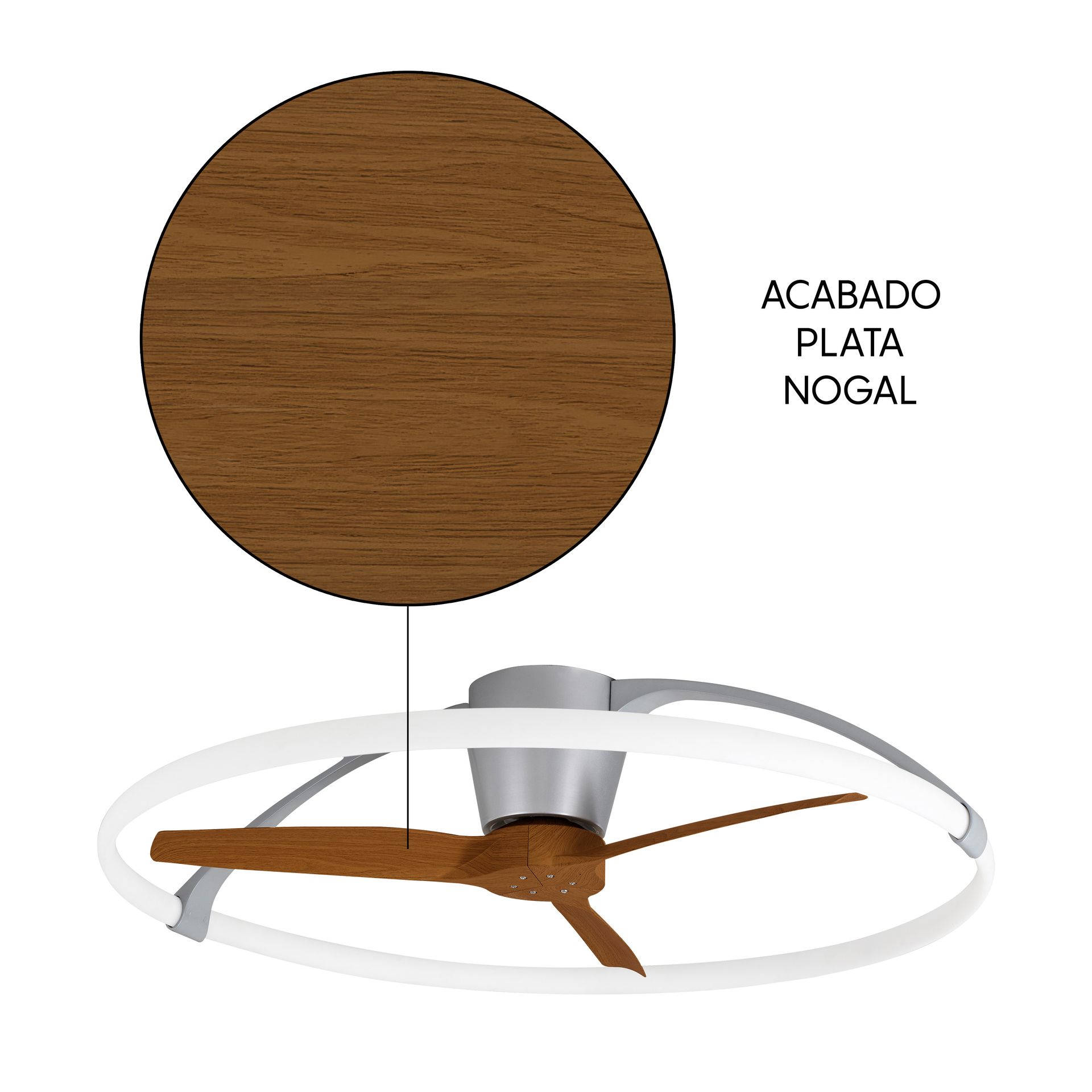 Nepal · Ventilador de aspas con luz · Plata / Nogal