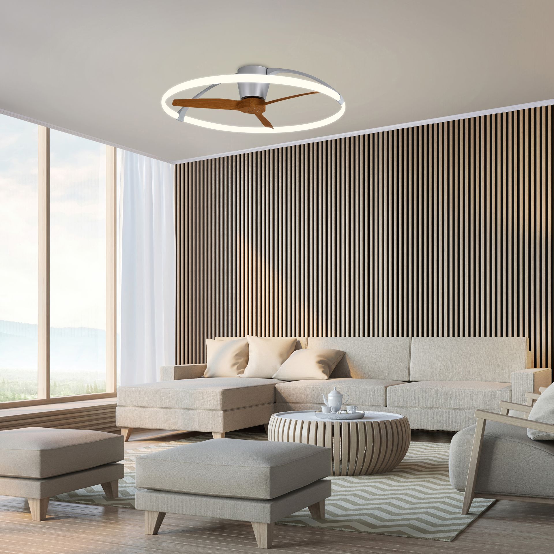 Nepal · Ventilador de aspas con luz · Plata / Nogal