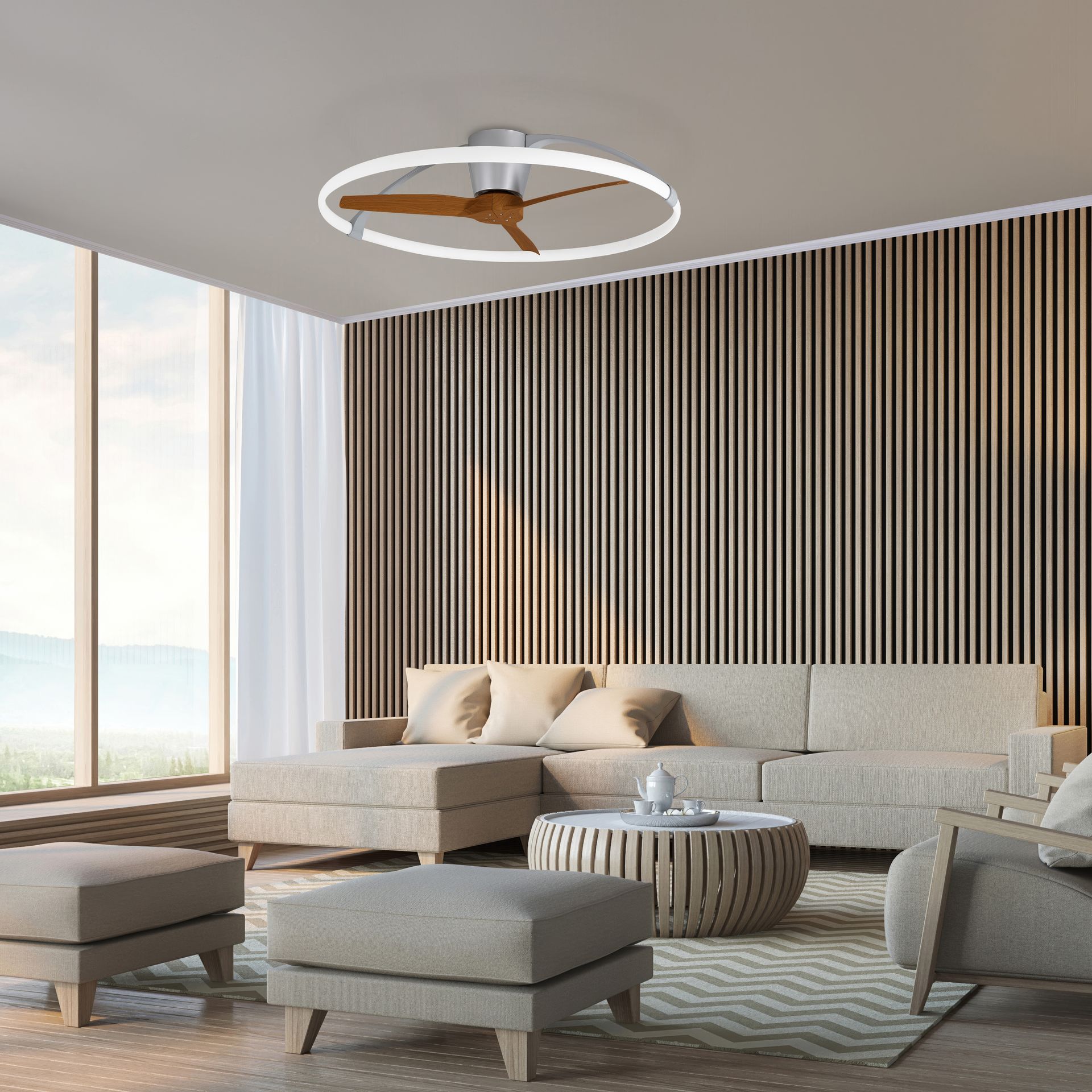 Nepal · Ventilador de aspas con luz · Plata / Nogal