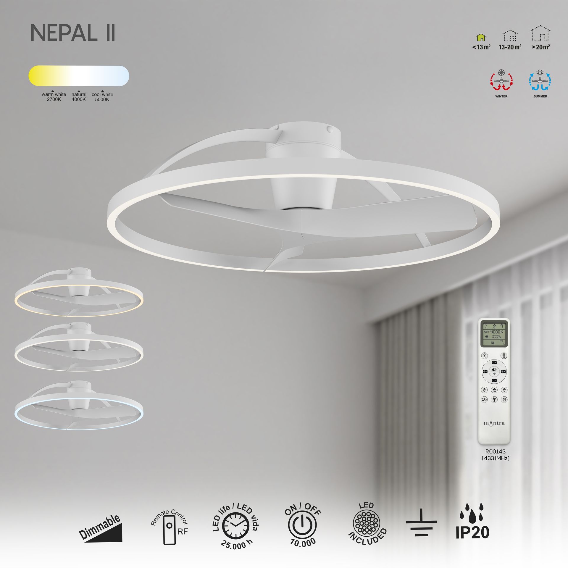 Nepal II · Ventilador de aspas con luz · Blanco
