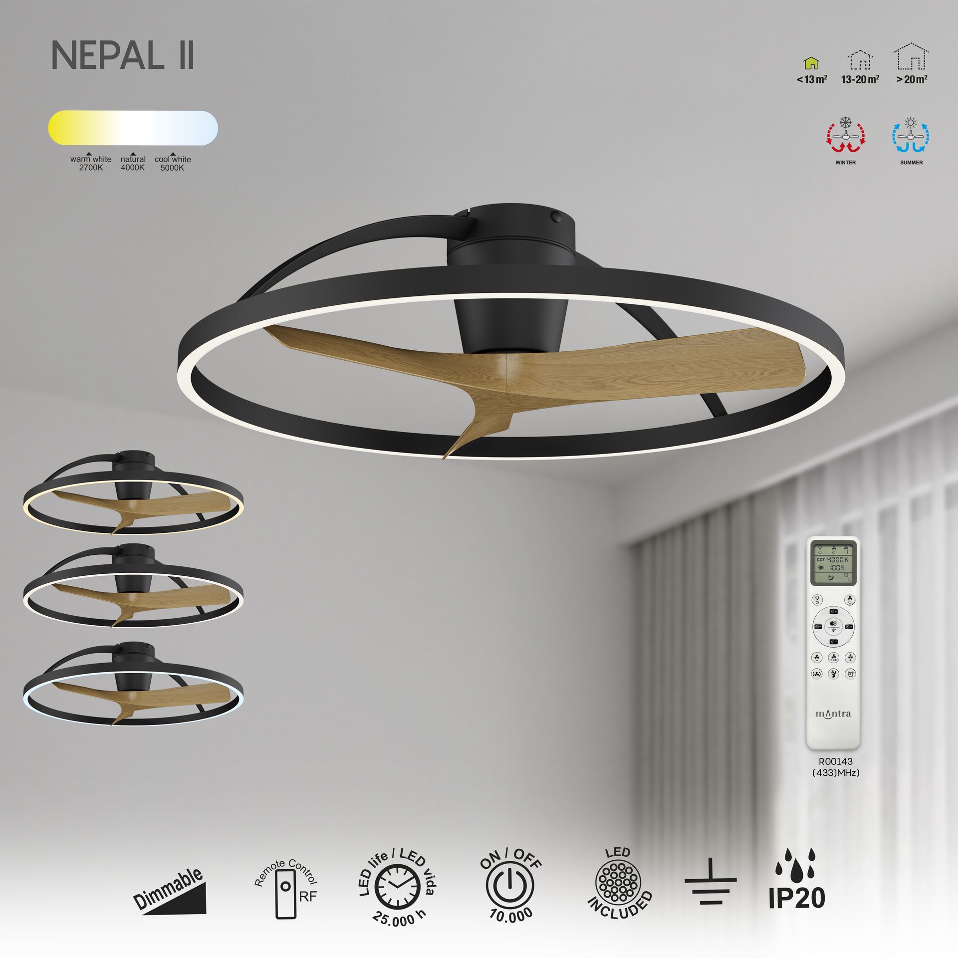 NEPAL II * VENTILADOR / PLAFÓN LED - NEGRO+MADERA