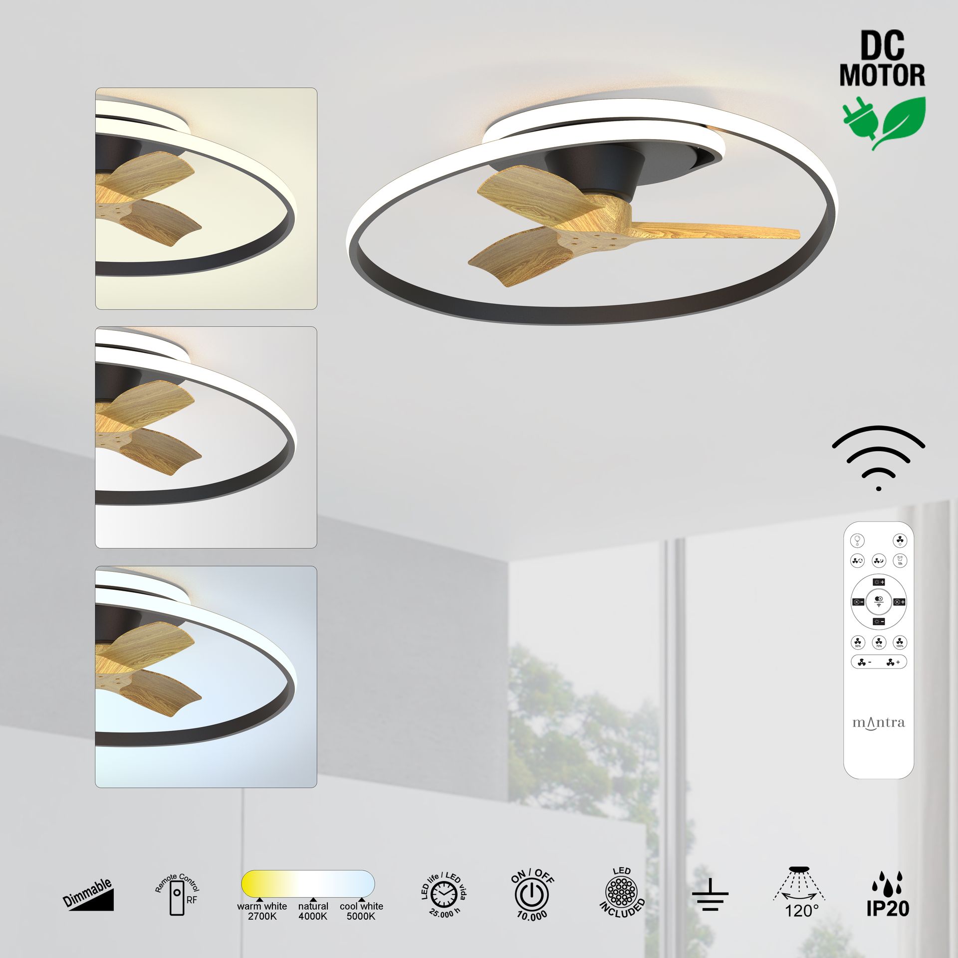 Ocean · Ventilador de aspas con luz · Negra / Madera