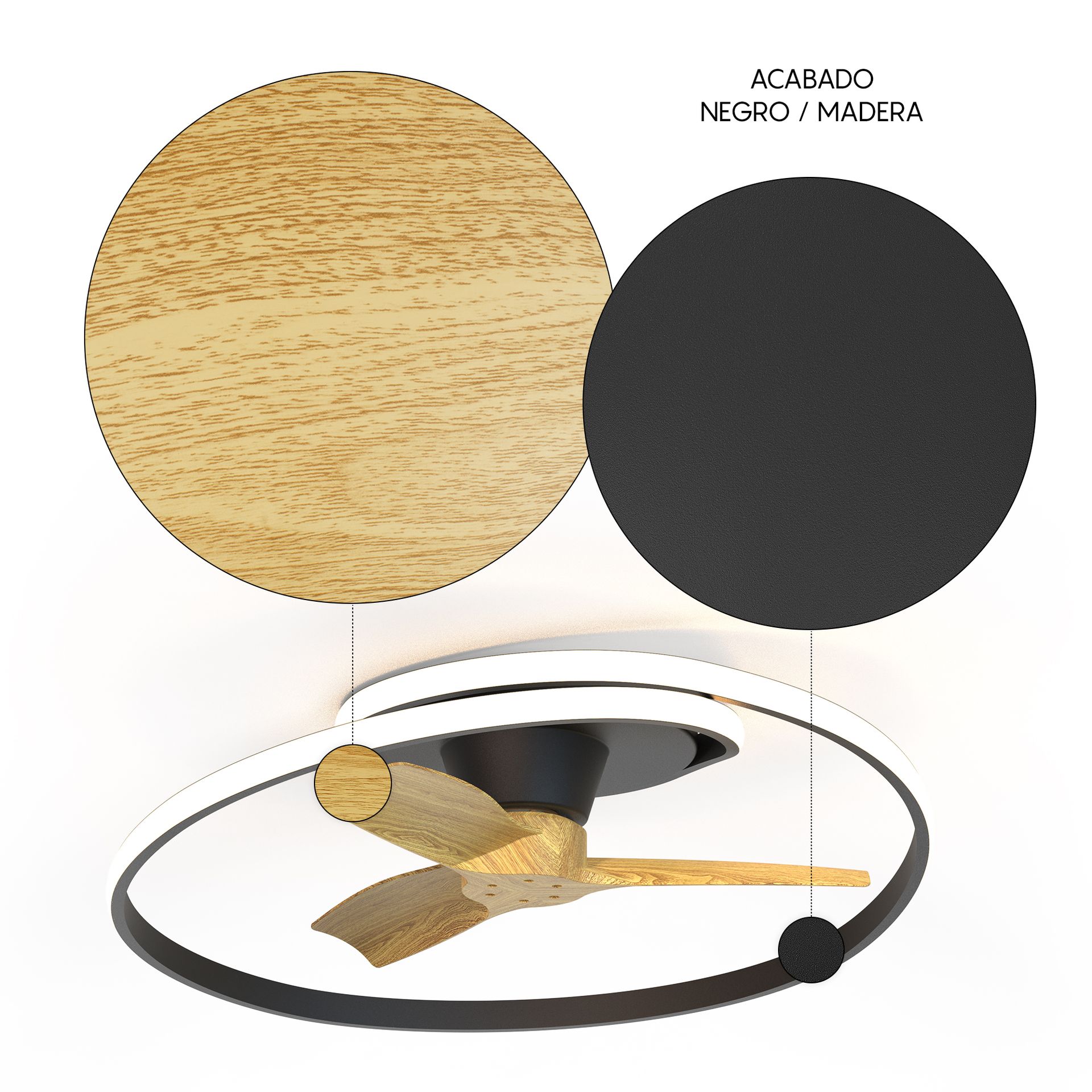 Ocean · Ventilador de aspas con luz · Negra / Madera
