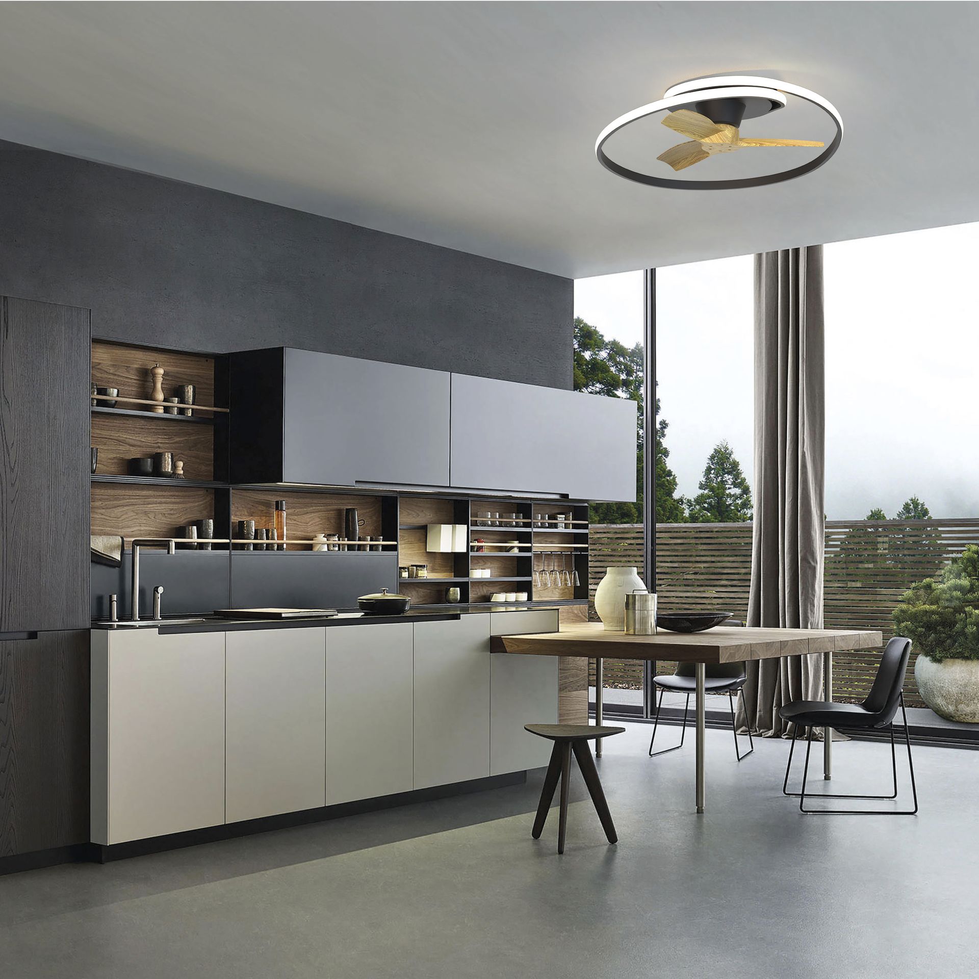 Ocean · Ventilador de aspas con luz · Negra / Madera