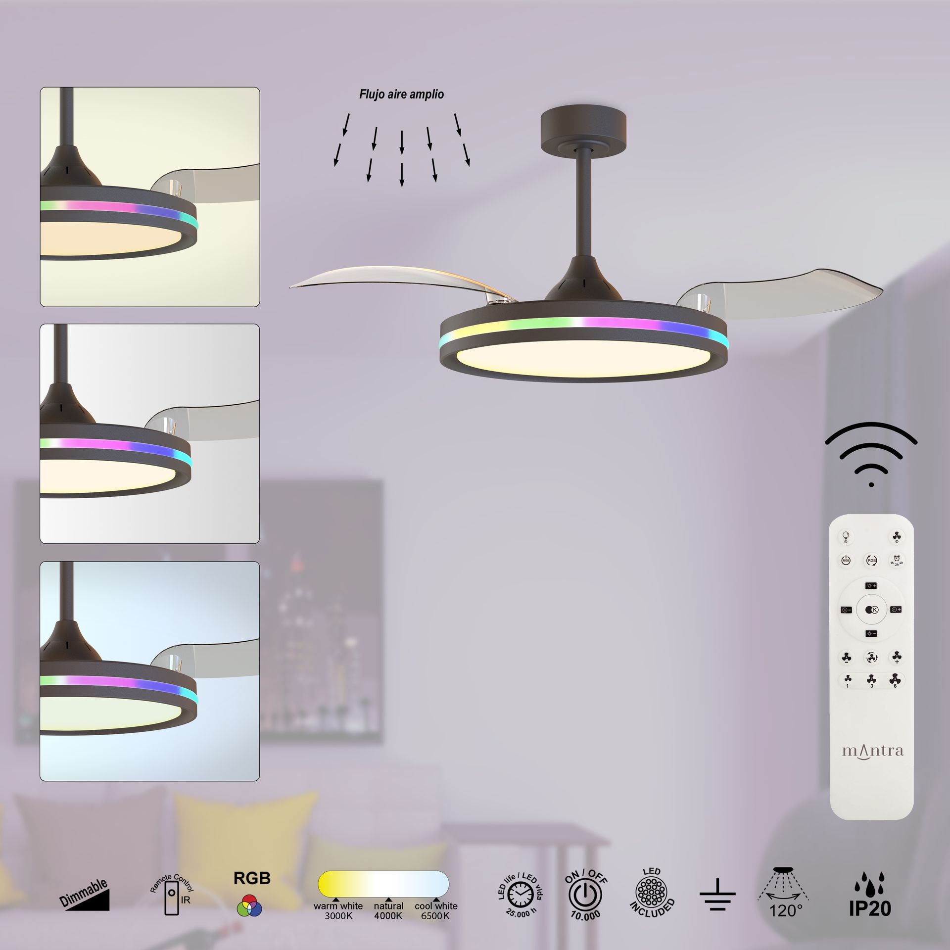 RAFAGA * Ventilateur LED noir 50W-3000K-6500K 
