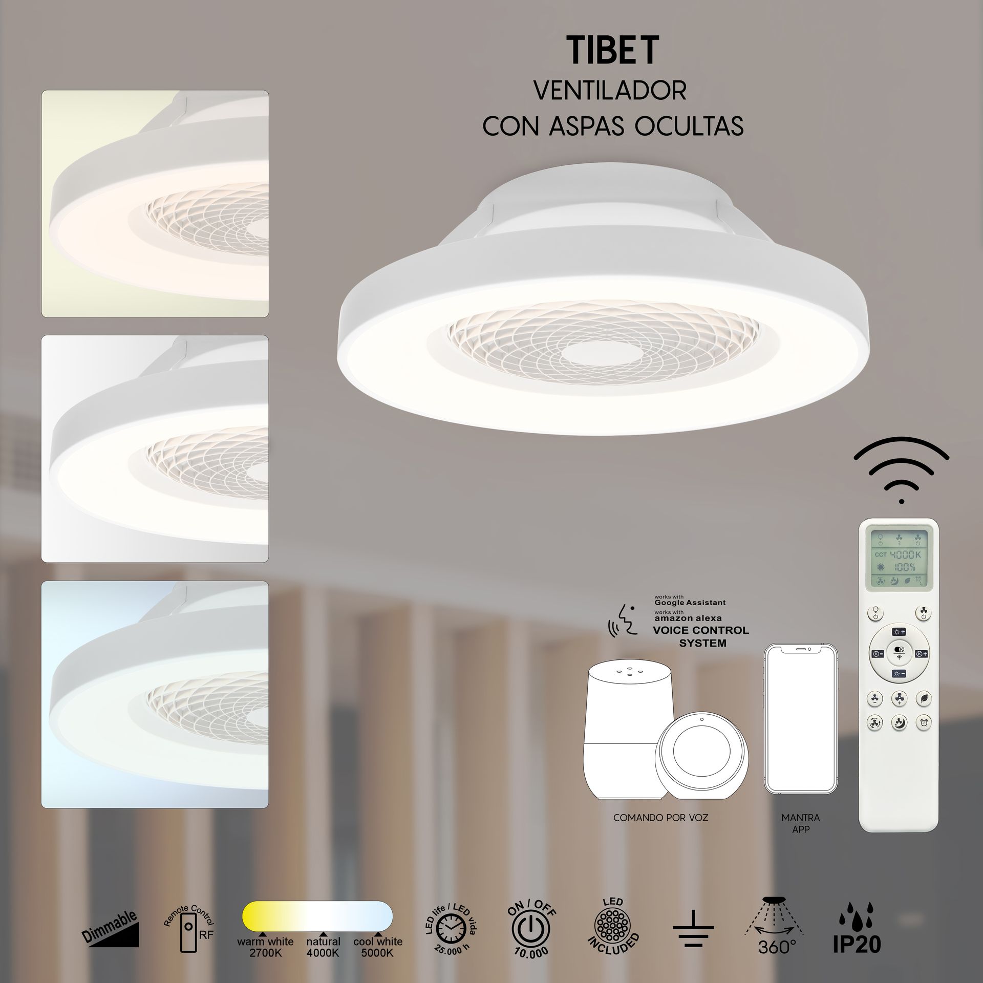 TIBET * VENTILATORE BIANCO 35W PLAFONIERA LED 70W CON TELECOMANDO Y APP