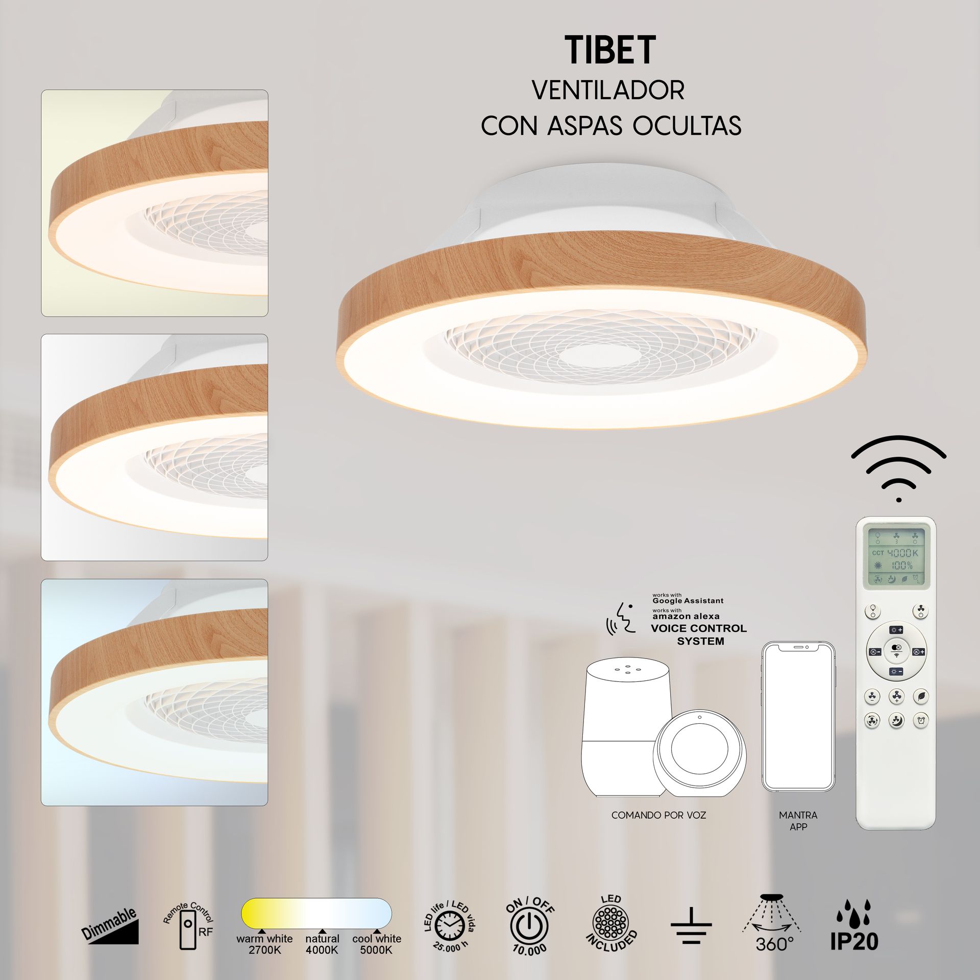 Tíbet · Plafón-ventilador de aspas ocultas con luz · Madera / Blanco