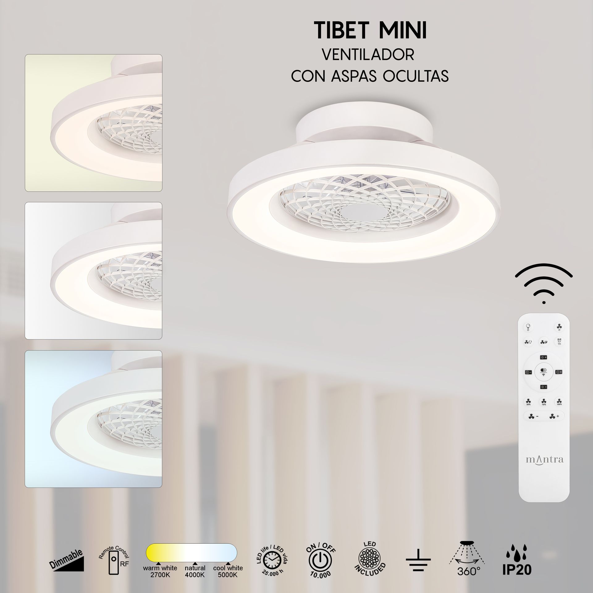 Tíbet Mini · Plafonnier-ventilateur à pales intégrées · Blanc